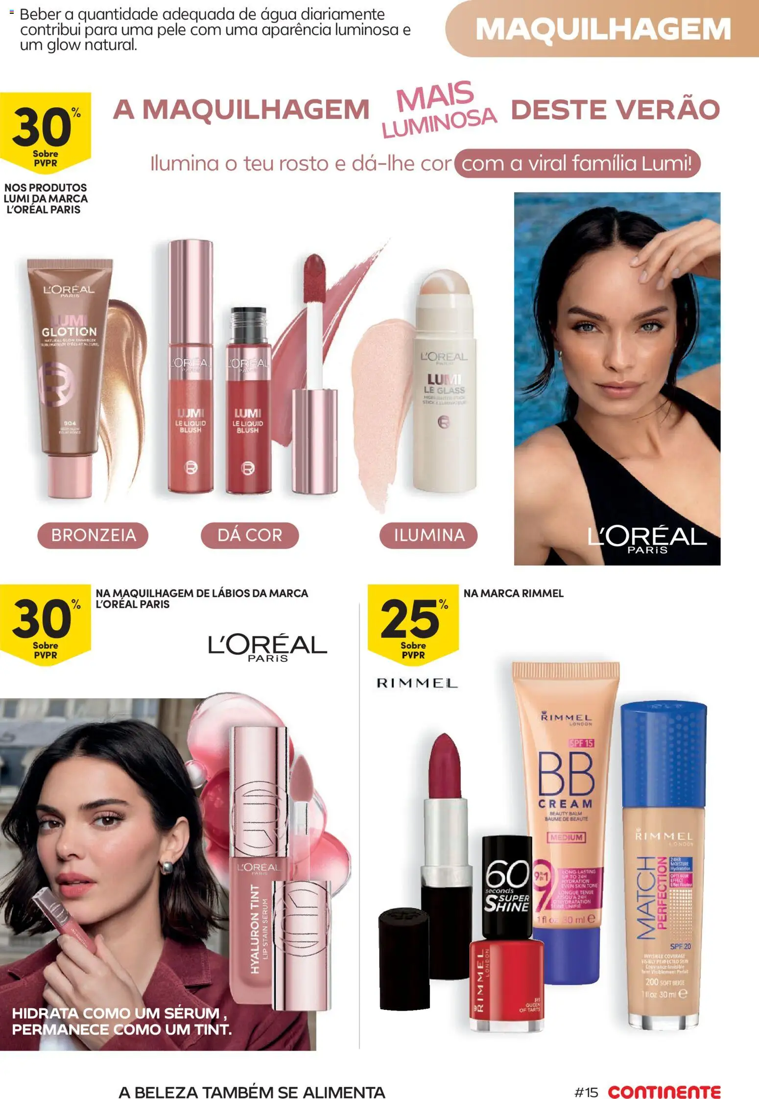 Continente Beleza Brilho com sabor a verão │ válido de 07/07/2026 | Página: 15 | Produtos: Agua, Maquilhagem, Sérum, Tarte