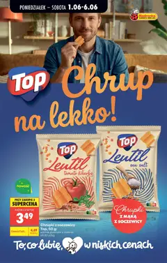 Pogląd oferty "Chrupki z soczewicy Top, 50g lentil crisps, available in tomato & herbs and sea salt flavors." - ważna od 01.06.2026 | Strona: 68 | Produkty: Top, Chrupki