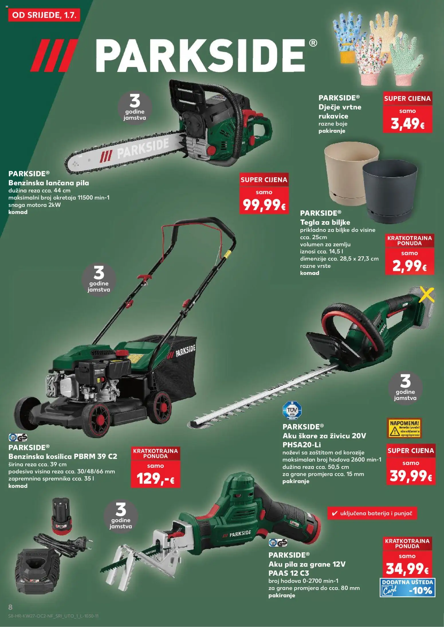 Kaufland katalog | vrijedi od 01.07.2026 | Stranica: 8 | Proizvodi: Benzinska kosilica, Rukavice, Škare, Parkside