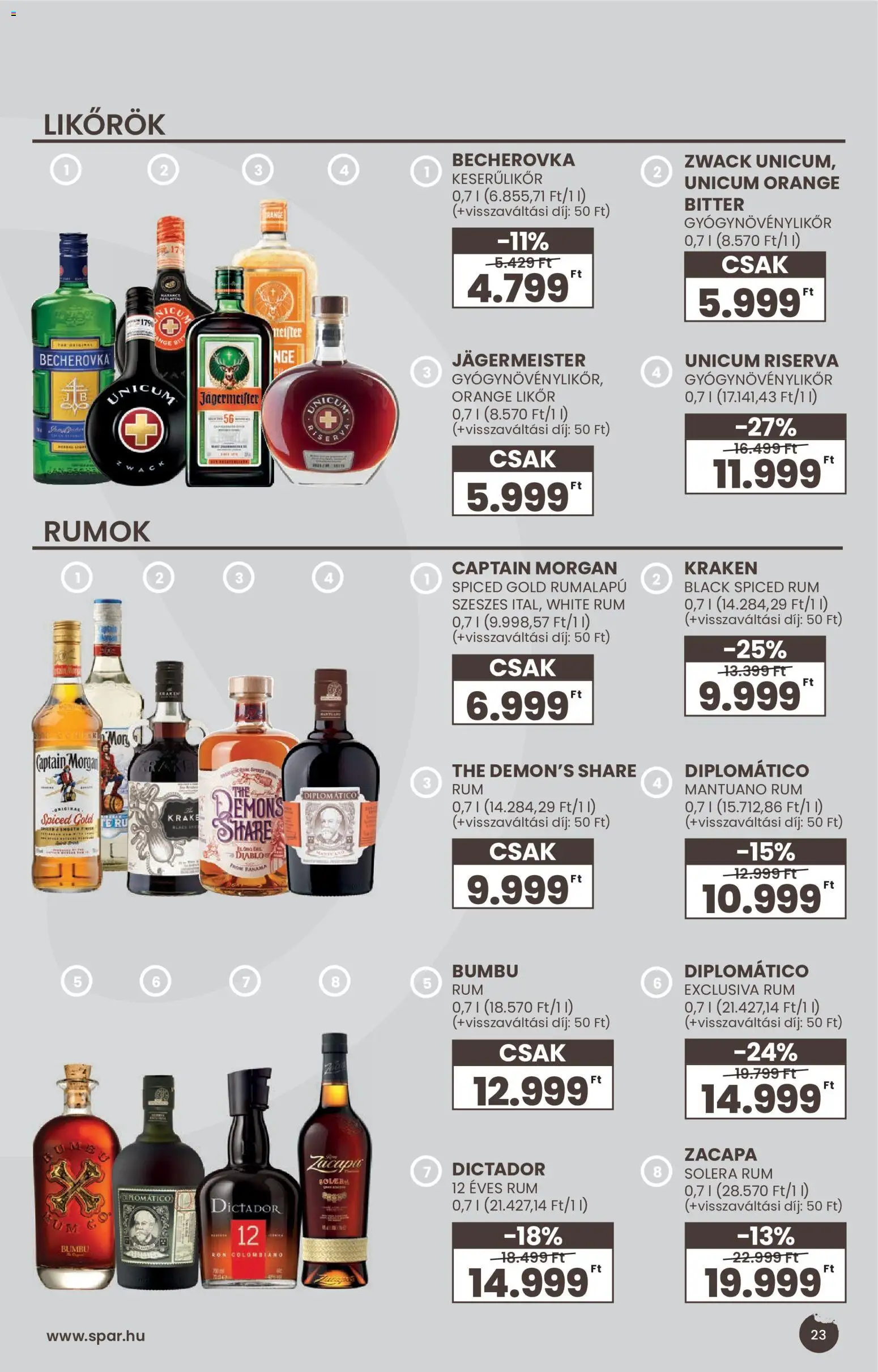 Spar akciós ujság - amely érvényes a következő dátumtól: 2026.09.02. | Oldal: 23 | Termékek: Jägermeister, Rum, Gyógynövénylikőr, Likőr