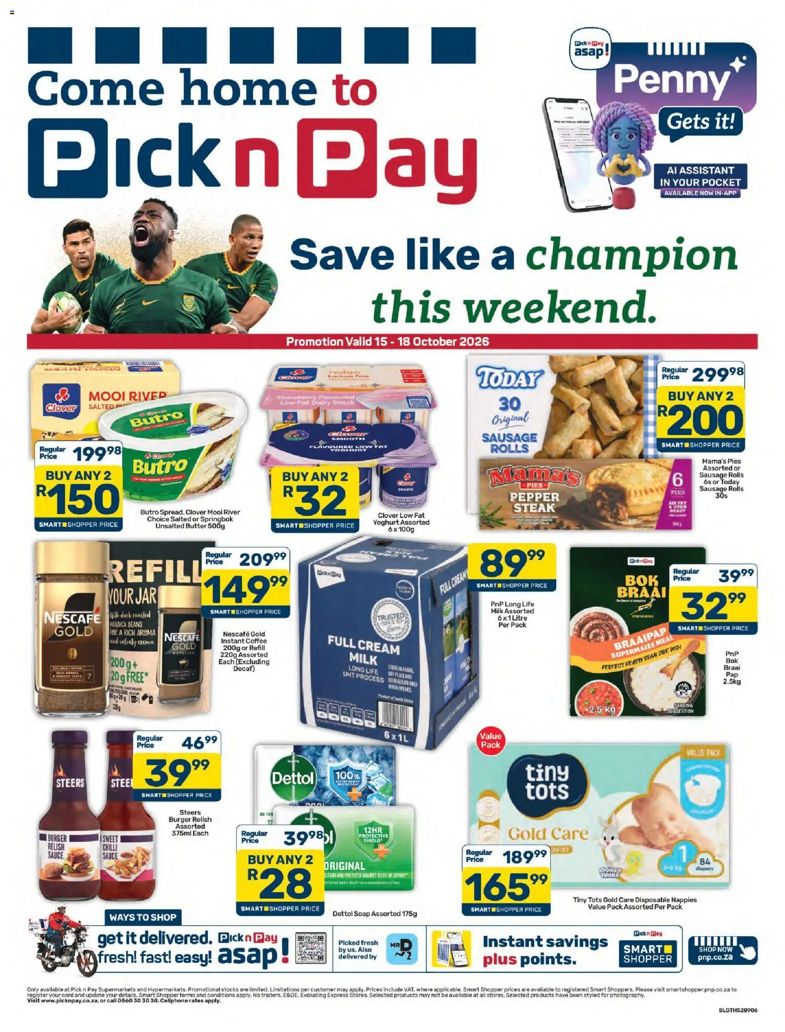 New Pick n Pay catalogue – valid from 15/10/2026 | Page: 1 | Products: Beans, Diapers, Butter, Instant coffee