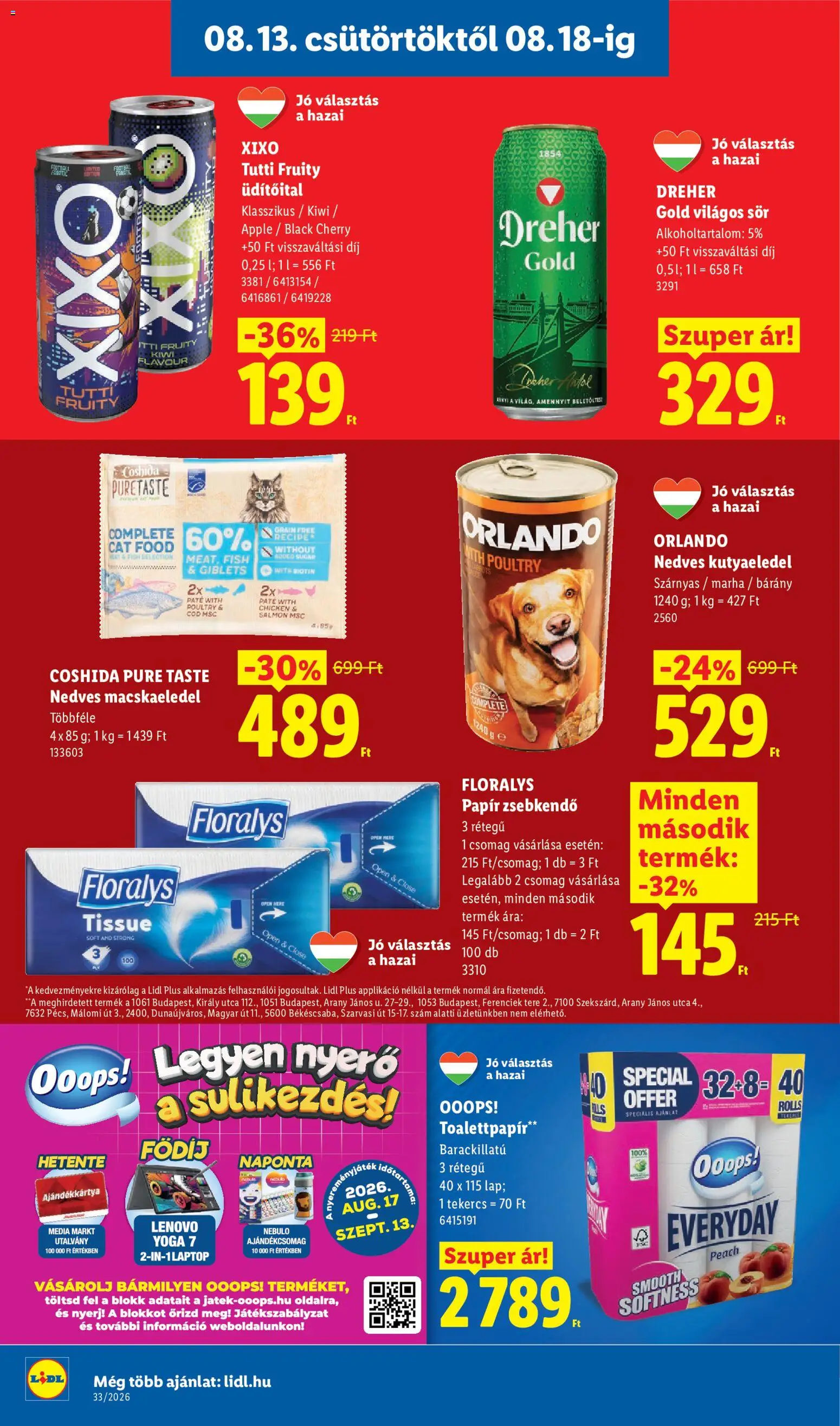 Lidl akciós ujság - amely érvényes a következő dátumtól: 2026.08.13. | Oldal: 14 | Termékek: Dreher, Macskaeledel, Ajándékcsomag, Kiwi