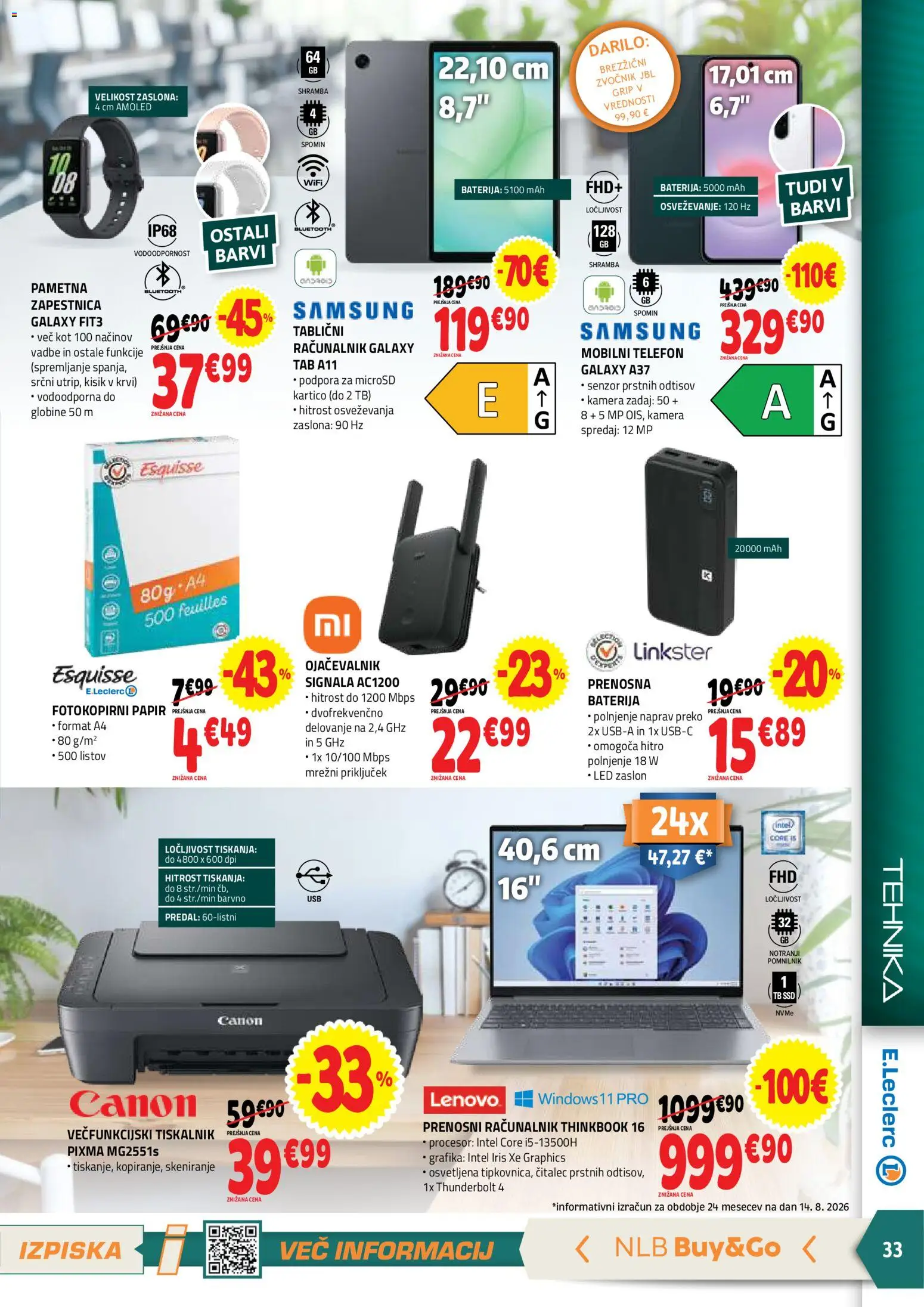 Novi E.leclerc katalog ponudbe – veljaven od 26.08.2026 | Stran: 33 | Izdelki: Telefon, Prenosni racunalnik, Tiskalnik, Zvocnik