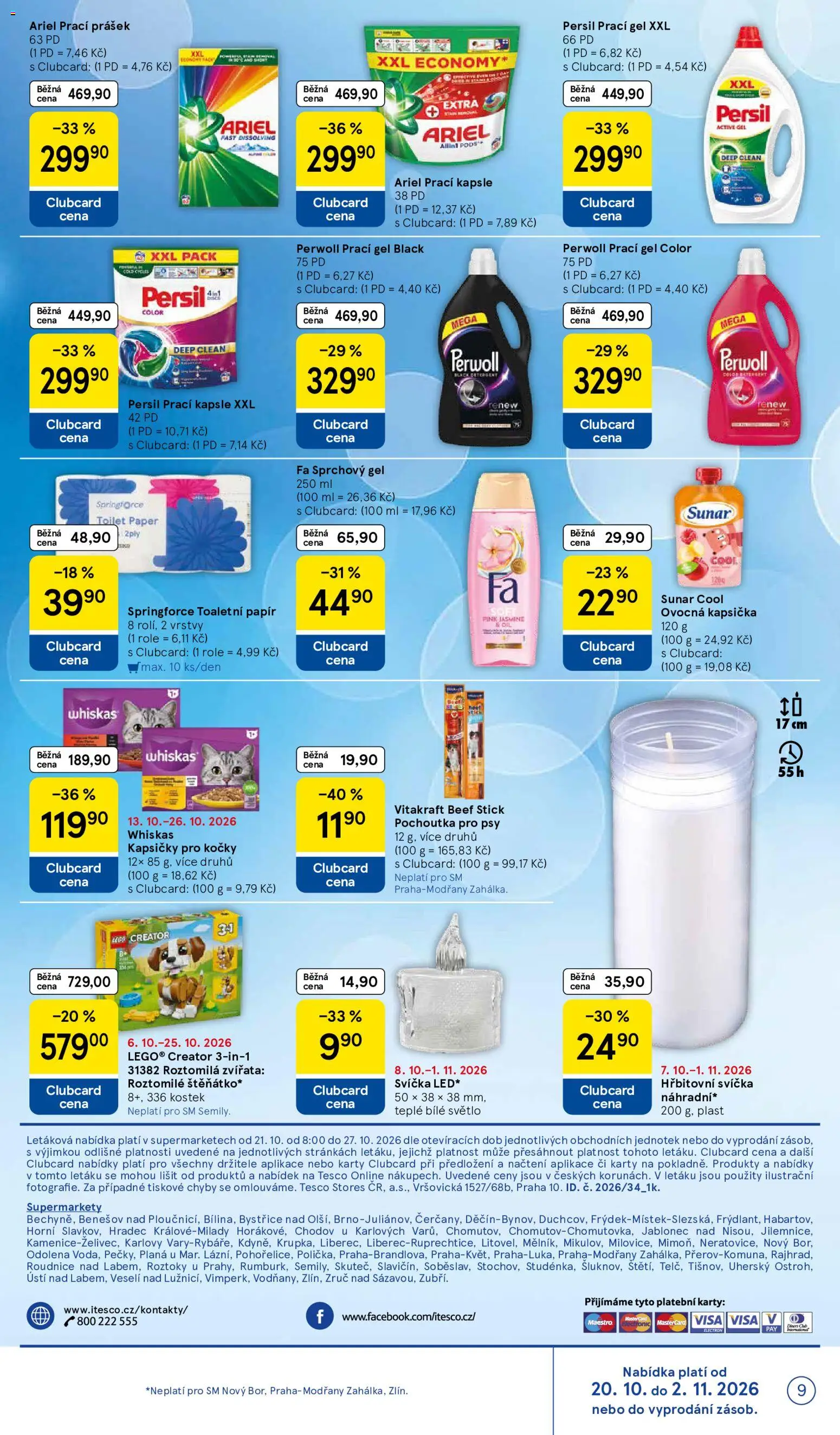 Tesco leták - Supermarket od 21.10.2026 | Strana: 9 | Produkty: Kapsičky pro kočky, Toaletní papír, Pochoutka pro psy, LED