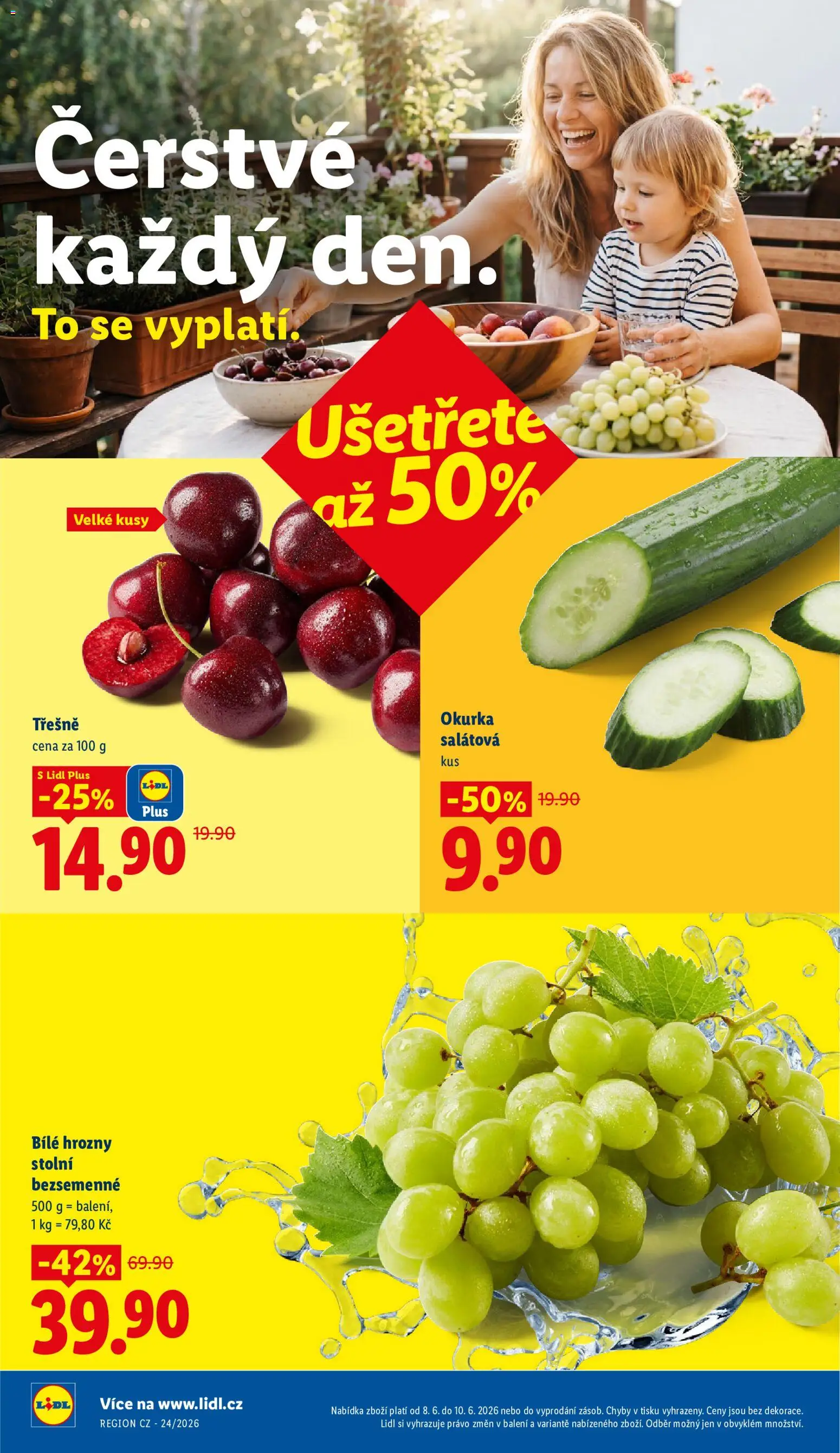 Lidl leták od 08.06.2026 | Strana: 12 | Produkty: Třešně, Bílé hrozny, Hrozny, Okurka
