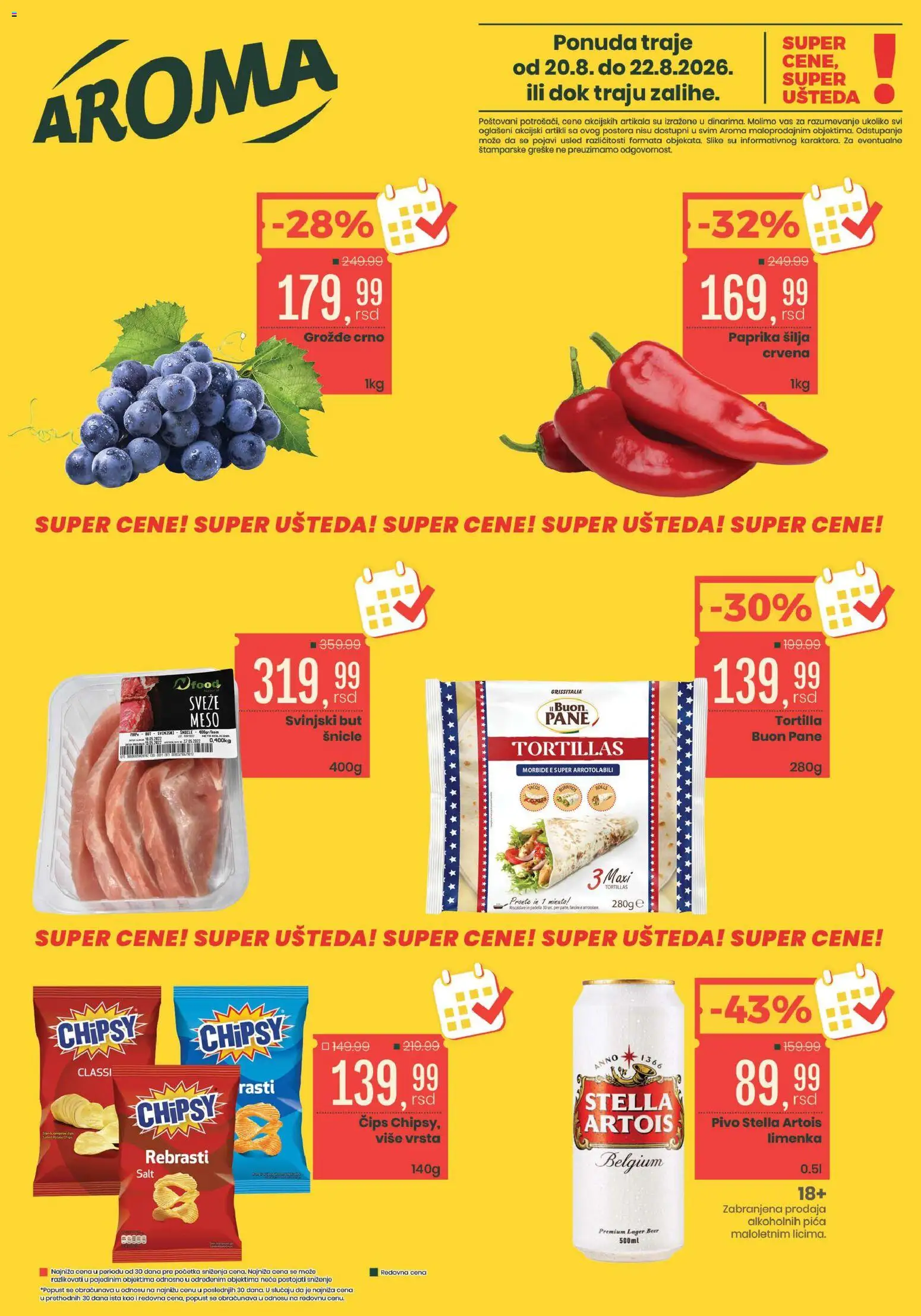 Aroma Market katalog - važi od 20.08.2026 | Strana: 1 | Proizvode: Čips, Grožđe, Meso, Svinjski but