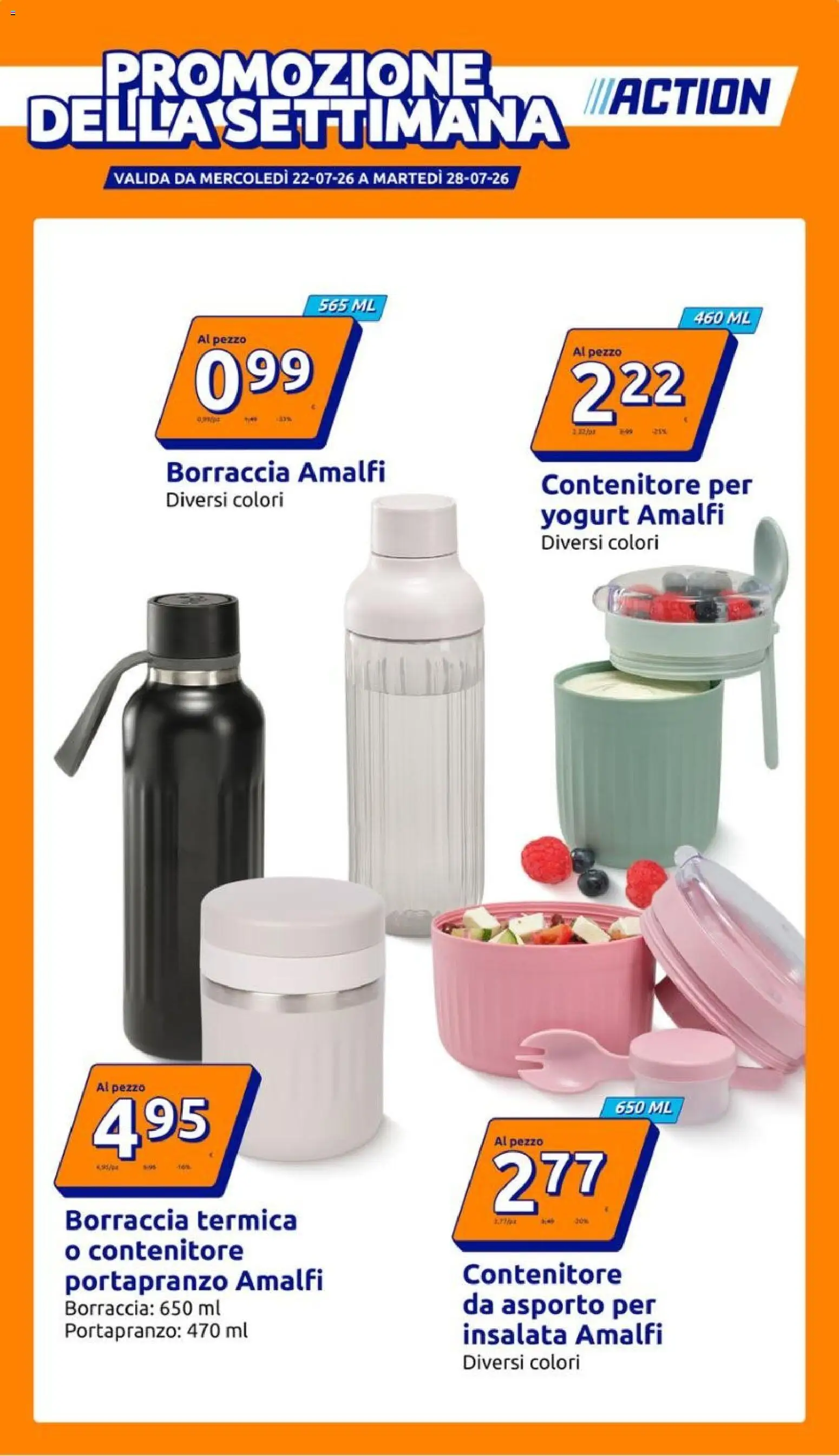 Volantino Action del 22/07/2026 | Pagina: 1 | Prodotti: Yogurt, Insalata, Contenitore, Borraccia