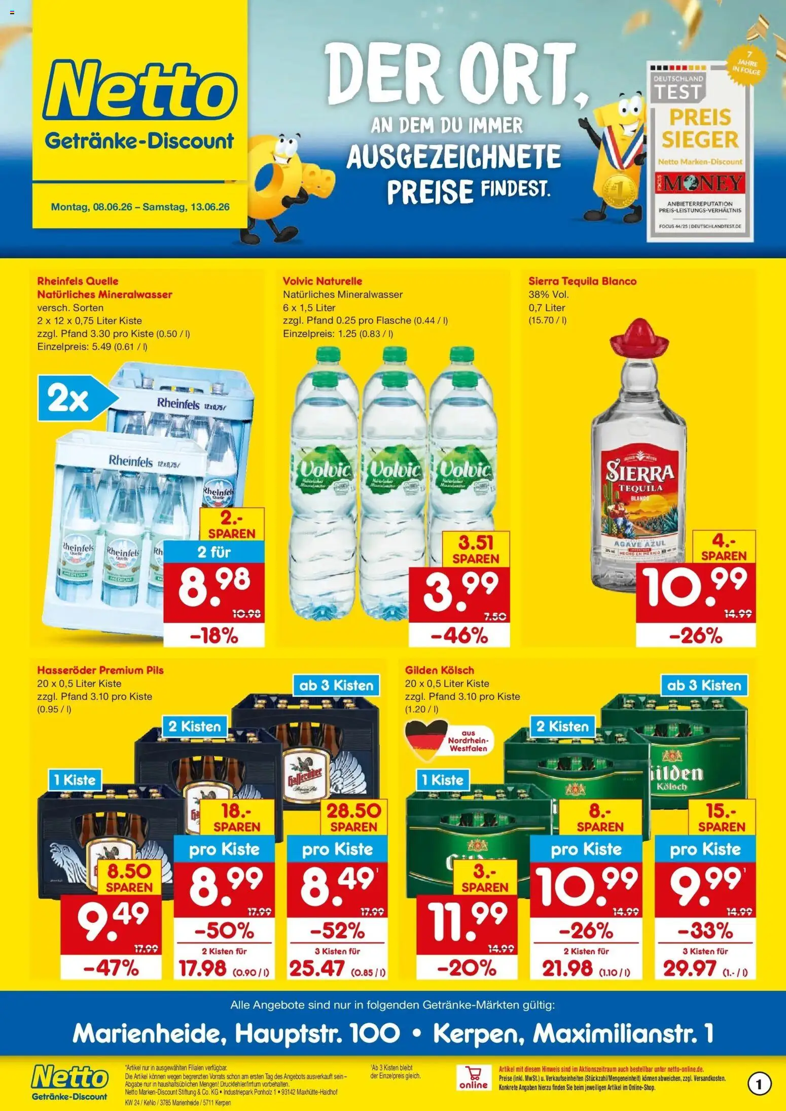 Netto Marken-Discount Prospekt Marienheide – gültig ab 08.06.2026 | Seite: 1 | Produkte: Pils, Tequila, Hasseröder, Rheinfels quelle
