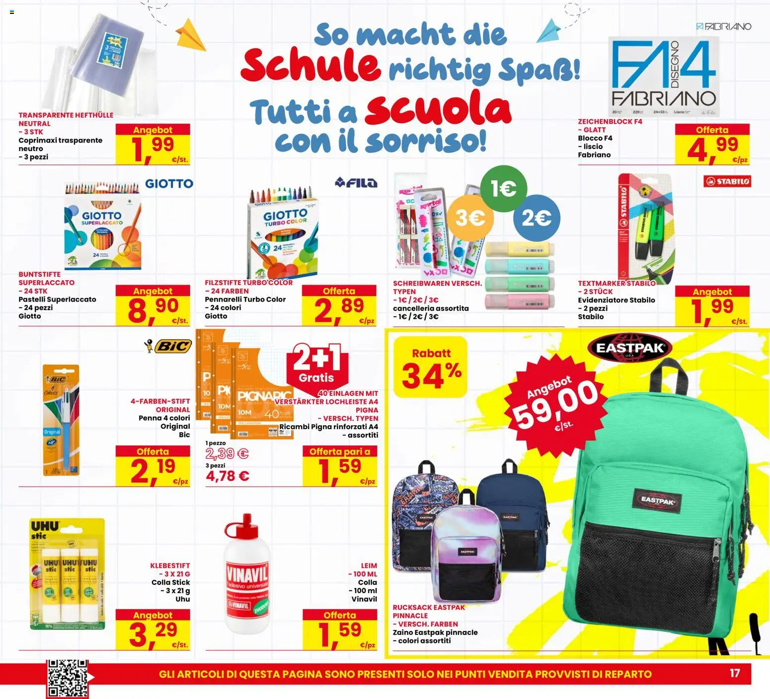 Volantino Eurospar del 03/09/2026 | Pagina: 17 | Prodotti: Zaino, Colla, Pennarelli, Pastelli