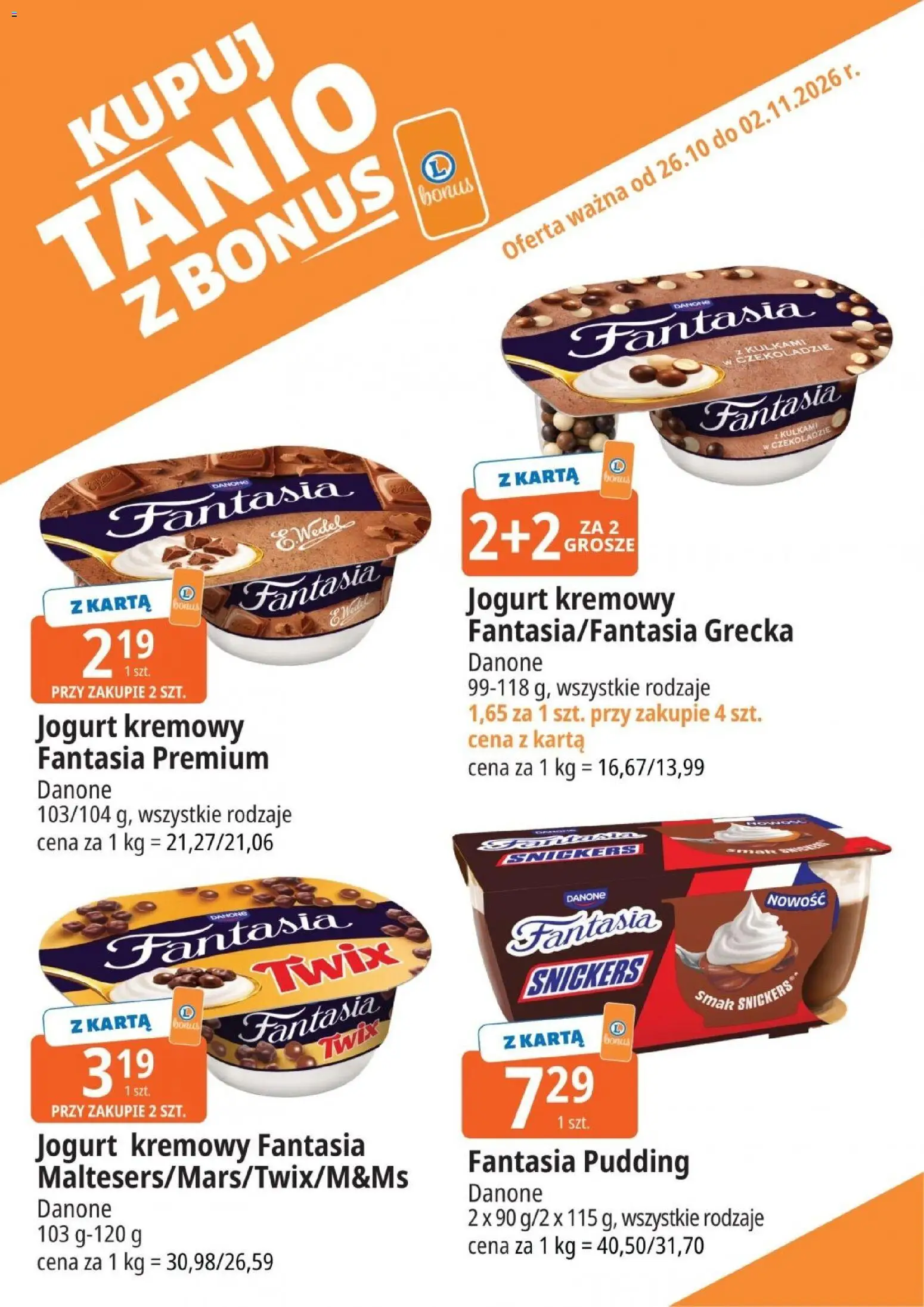 E.Leclerc gazetka - Kupuj Tanio Z Bonus od 26.10.2026 | Strona: 2 | Produkty: Karta, Snickers, Jogurt, Jogurt kremowy