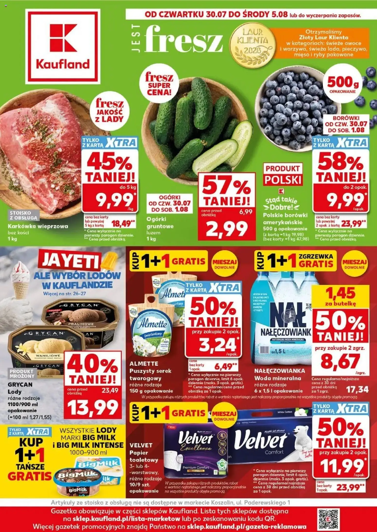 Kaufland gazetka od 30.07.2026 | Strona: 1 | Produkty: Karkówka wieprzowa, Mięso, Grycan lody, Ogórki