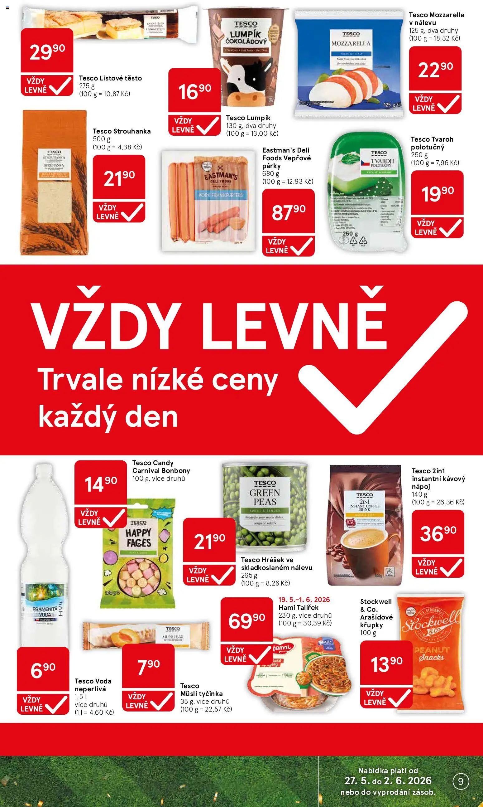 Tesco leták - Hypermarket od 27.05.2026 | Strana: 9 | Produkty: Tvaroh, Hrášek, Müsli, Mozzarella