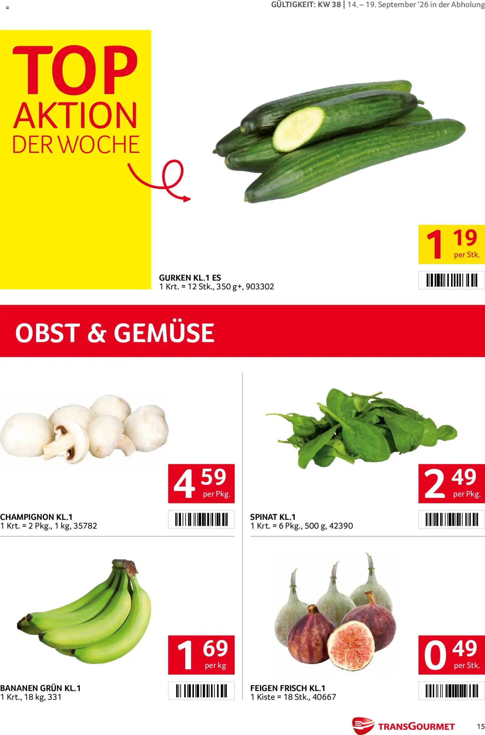 Transgourmet Flugblatt gültig ab 14.09.2026 | Seite: 15 | Produkte: Gurken, Gemüse, Obst, Bananen