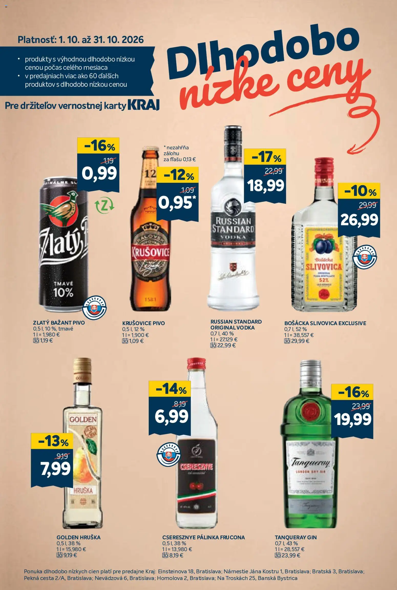 Nové Kraj akcie – leták je platný od 29.10.2026 | Strana: 15 | Produkty: Pivo, Bošácka slivovica, Krušovice, Gin