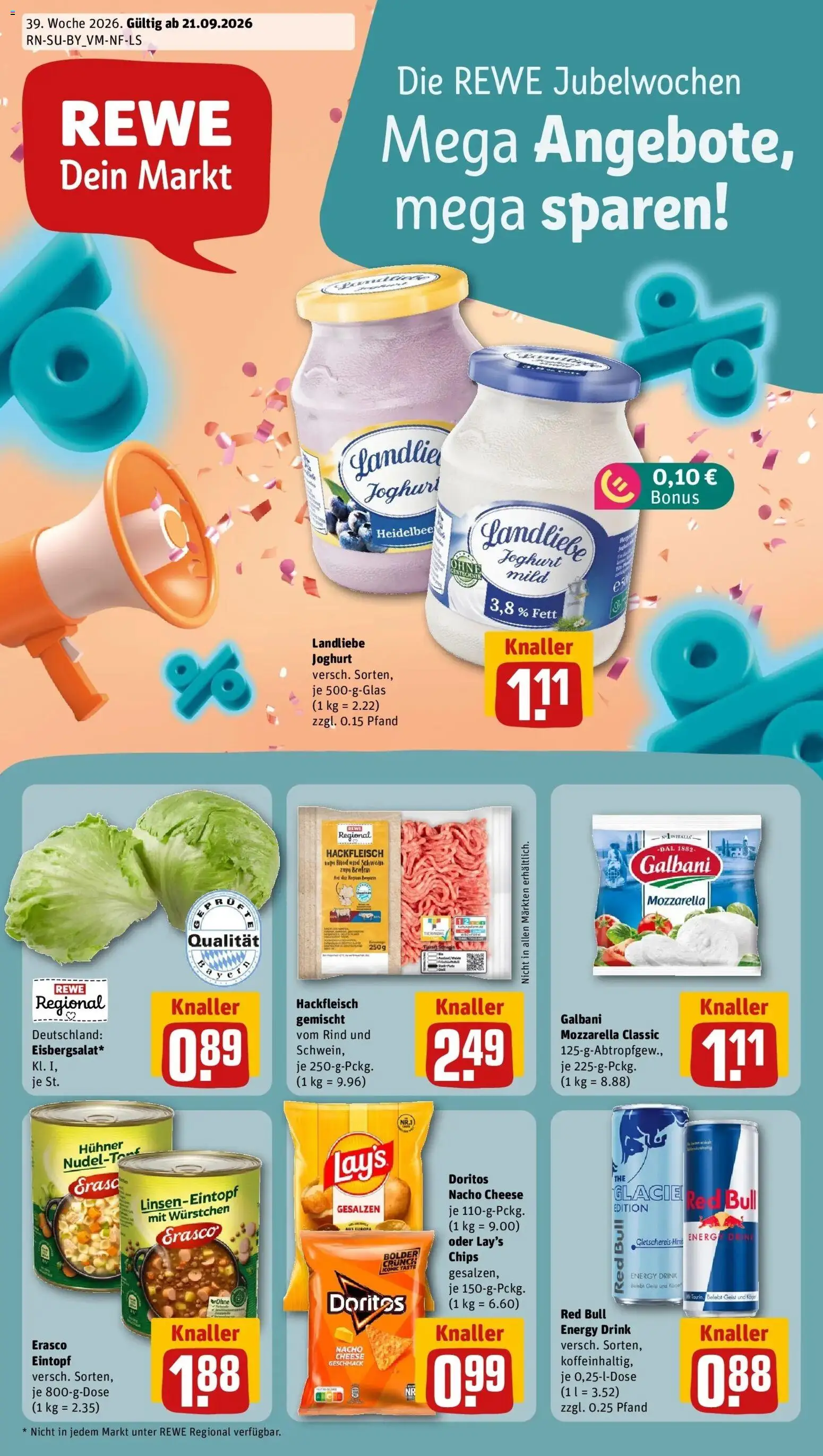 REWE Prospekt ab 21.09.2026 zum Blättern » Angebote | Seite: 1 | Produkte: Energy, Joghurt, Landliebe joghurt, Hackfleisch