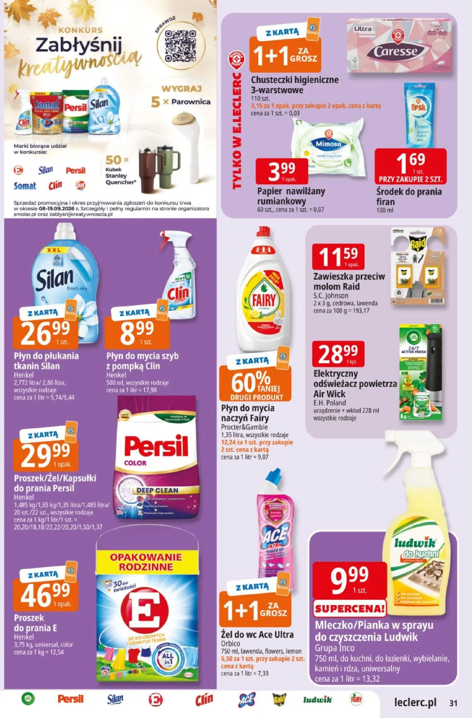 E.Leclerc gazetka od 08.09.2026 | Strona: 31 | Produkty: Proszek, Odświeżacz powietrza, Chusteczki higieniczne, Fairy