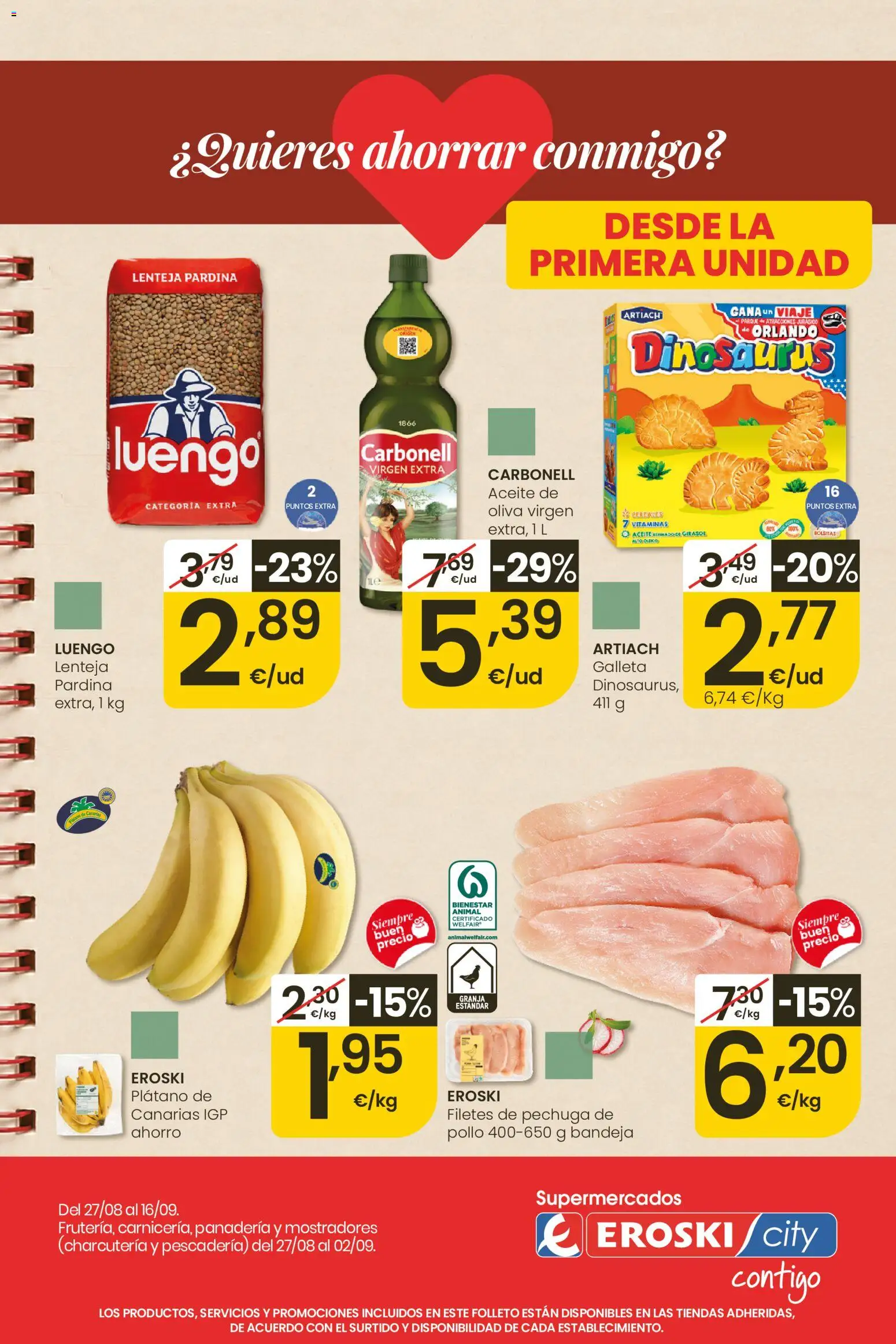 Eroski folleto │ válido desde el 27/08/2026 | Página: 1 | Productos: Filetes de pechuga, Aceite, Panadería, Bandeja