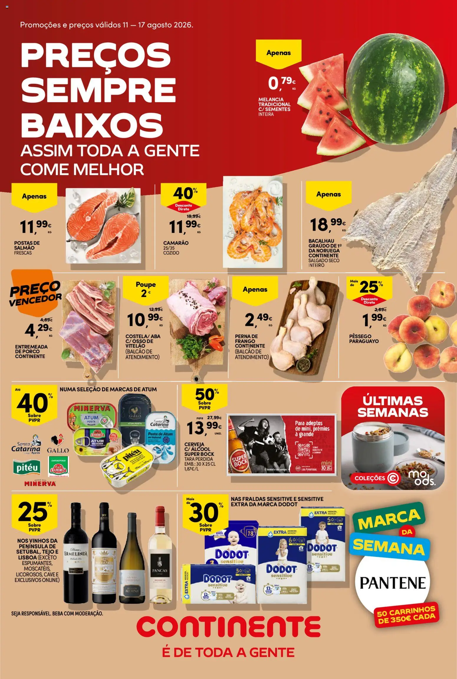 Continente folheto │ válido de 11/08/2026 | Página: 1 | Produtos: Super bock, Salmão, Cerveja, Álcool