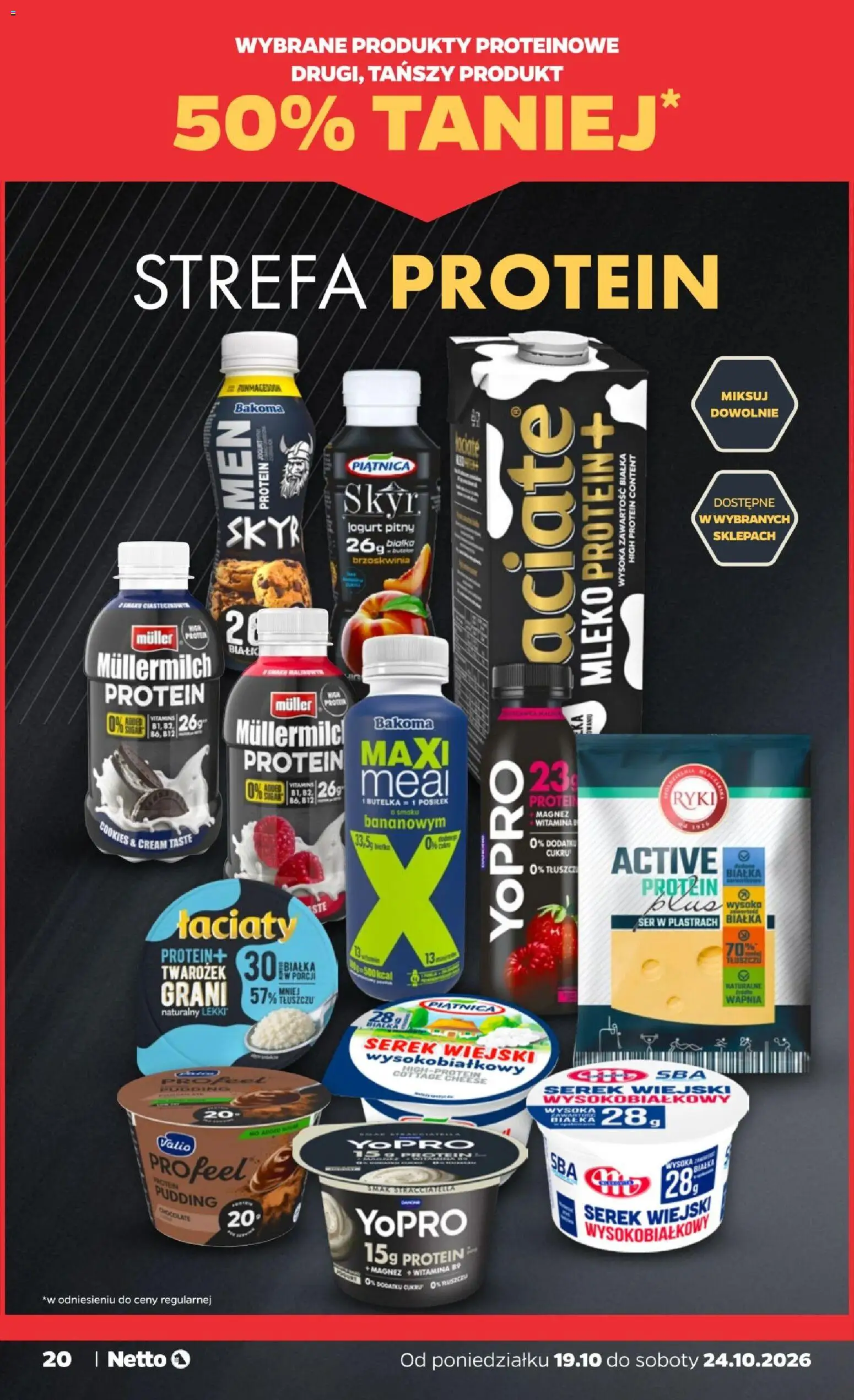 Netto gazetka od poniedziałku od 19.10.2026 | Strona: 20 | Produkty: Brzoskwinia, Piątnica, Müllermilch Protein, Twarożek