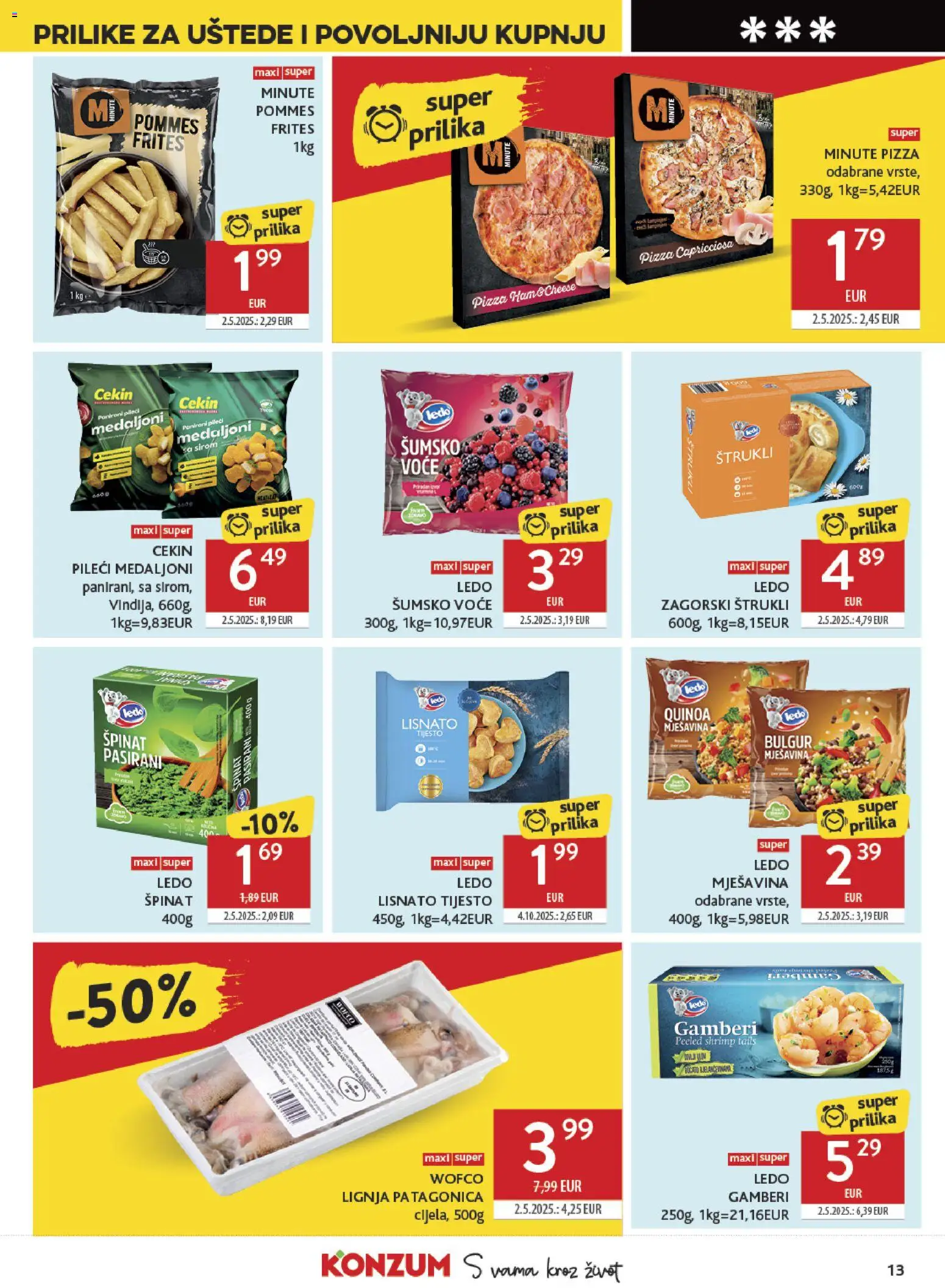 Konzum katalog | vrijedi od 22.07.2026 | Stranica: 13 | Proizvodi: Gamberi, Pileći medaljoni, Voće, Lignja Patagonica