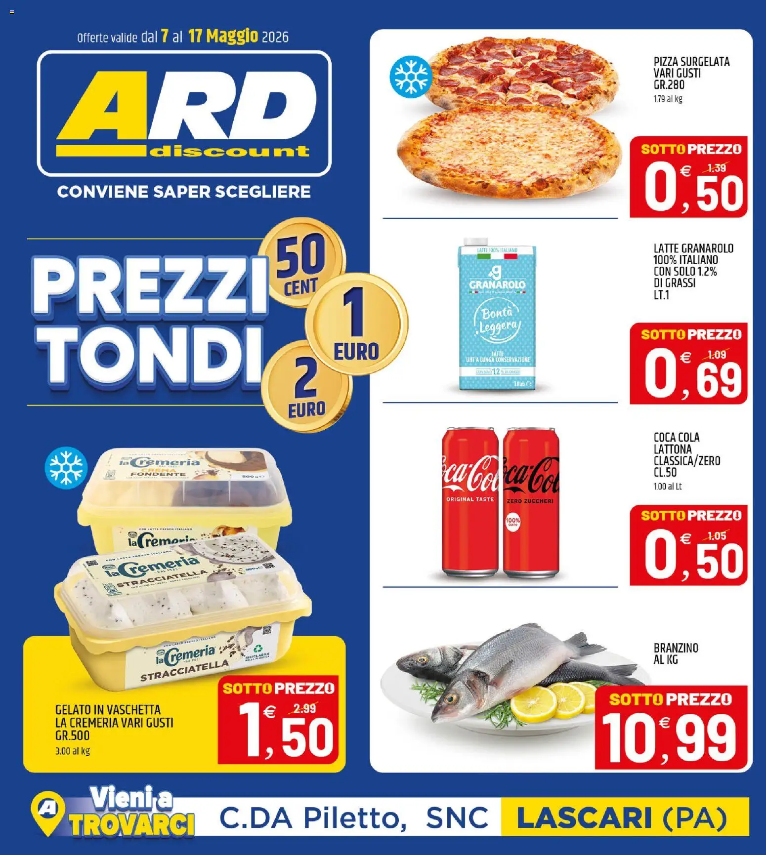 Volantino ARD Discount del 07.05.2026 | Pagina: 1 | Prodotti: Pizza, Gelato, Latte, Coca Cola