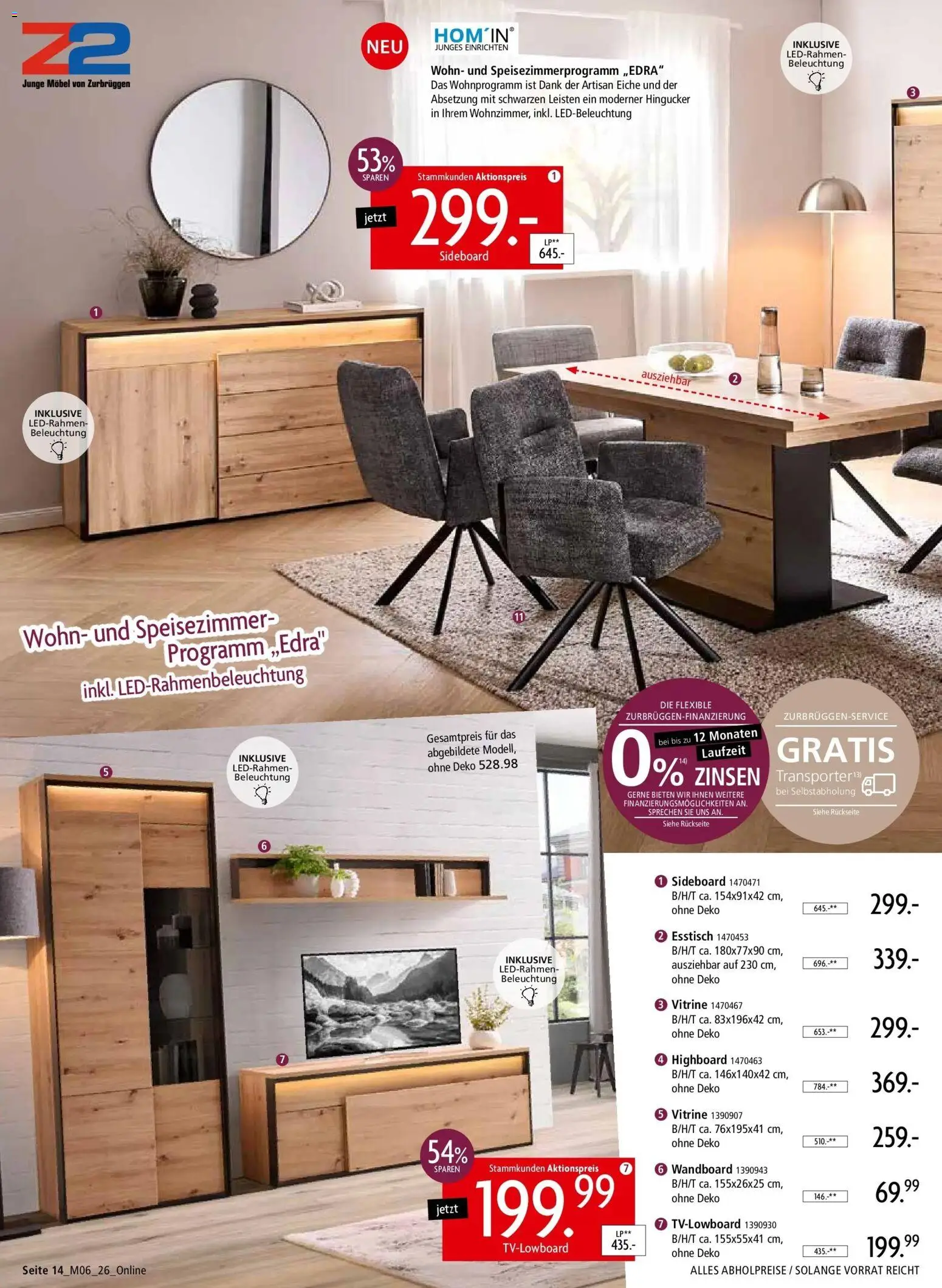 Zurbrüggen - Zurbrüggen: Unschlagbar günstig – gültig ab 01.05.2026 | Seite: 14 | Produkte: Sideboard, Wandboard, Esstisch, Vitrine