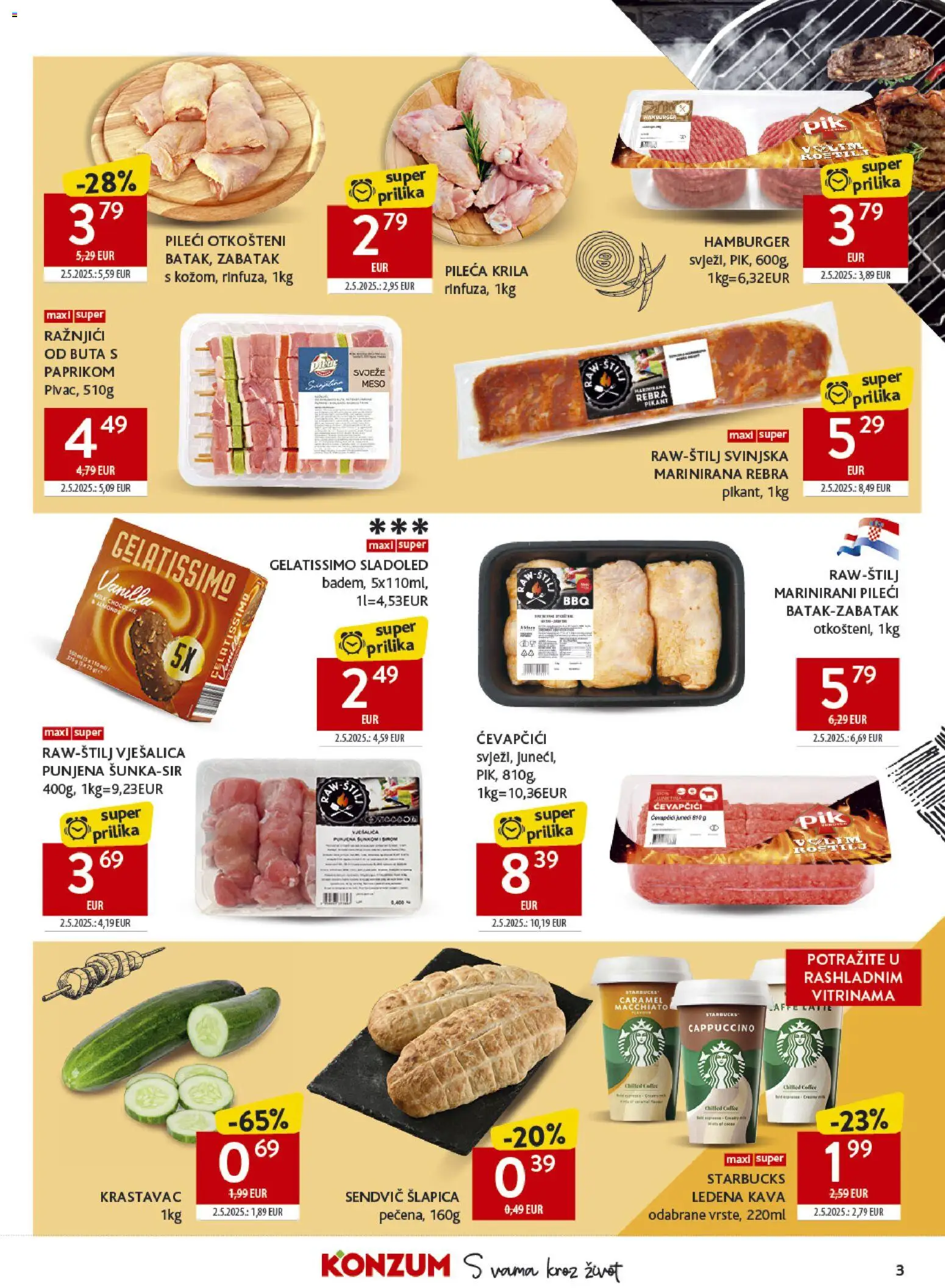 Konzum katalog | vrijedi od 29.04.2026 | Stranica: 3 | Proizvodi: Pileća krila, Vješalica, Meso, Ledena kava