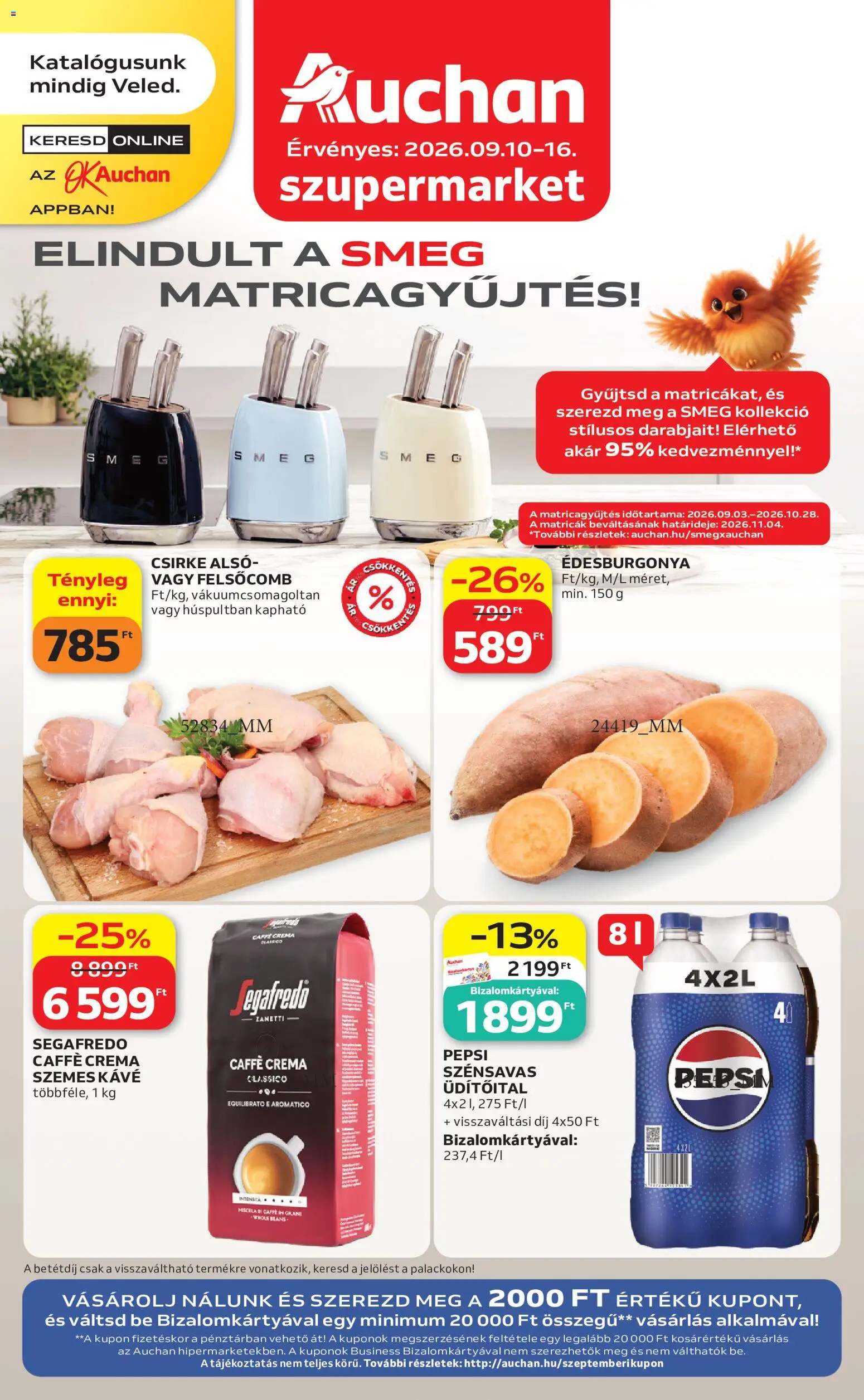 Auchan akciós ujság - amely érvényes a következő dátumtól: 2026.09.10. | Oldal: 1 | Termékek: Pepsi, Csirke, Kávé, Szemes kávé