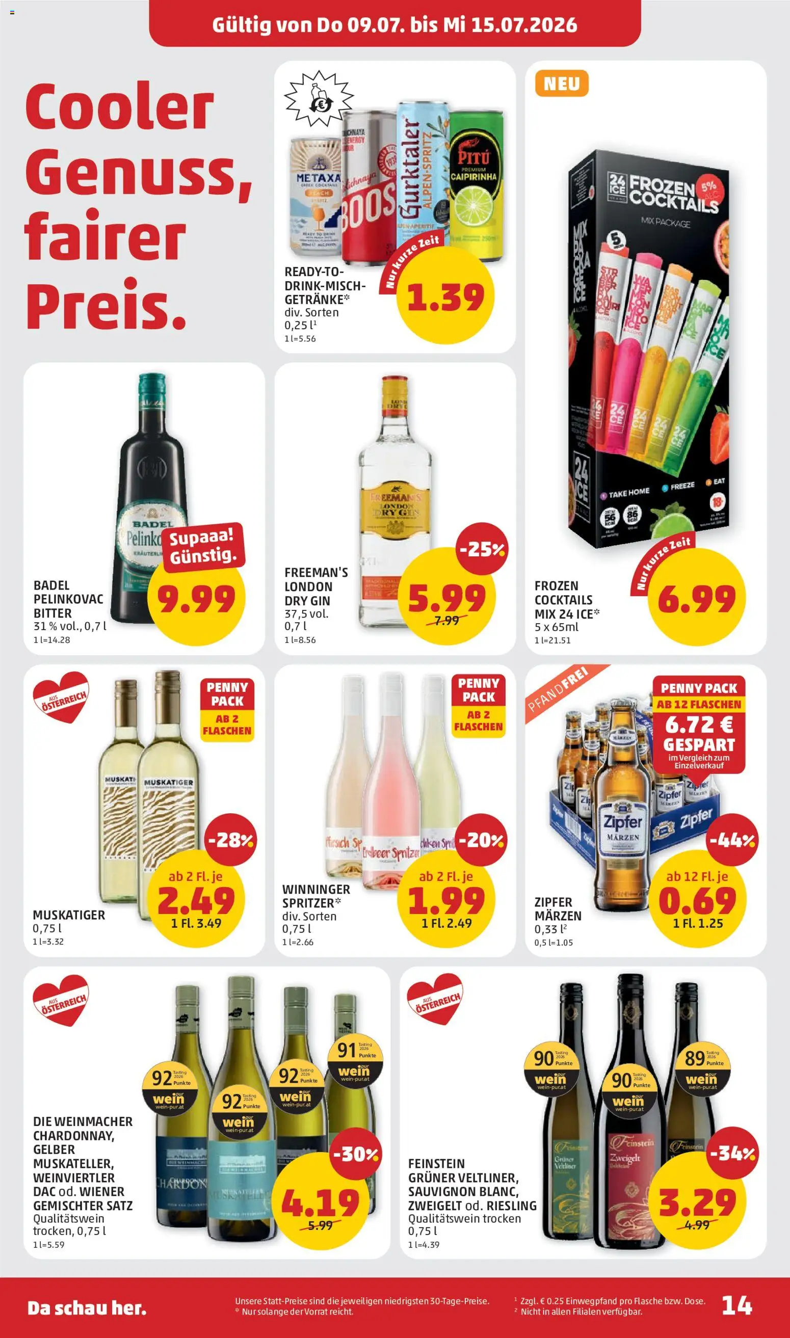 Penny Markt Flugblatt gültig ab 09.07.2026 | Seite: 14 | Produkte: Gin, Pfirsich, Wein