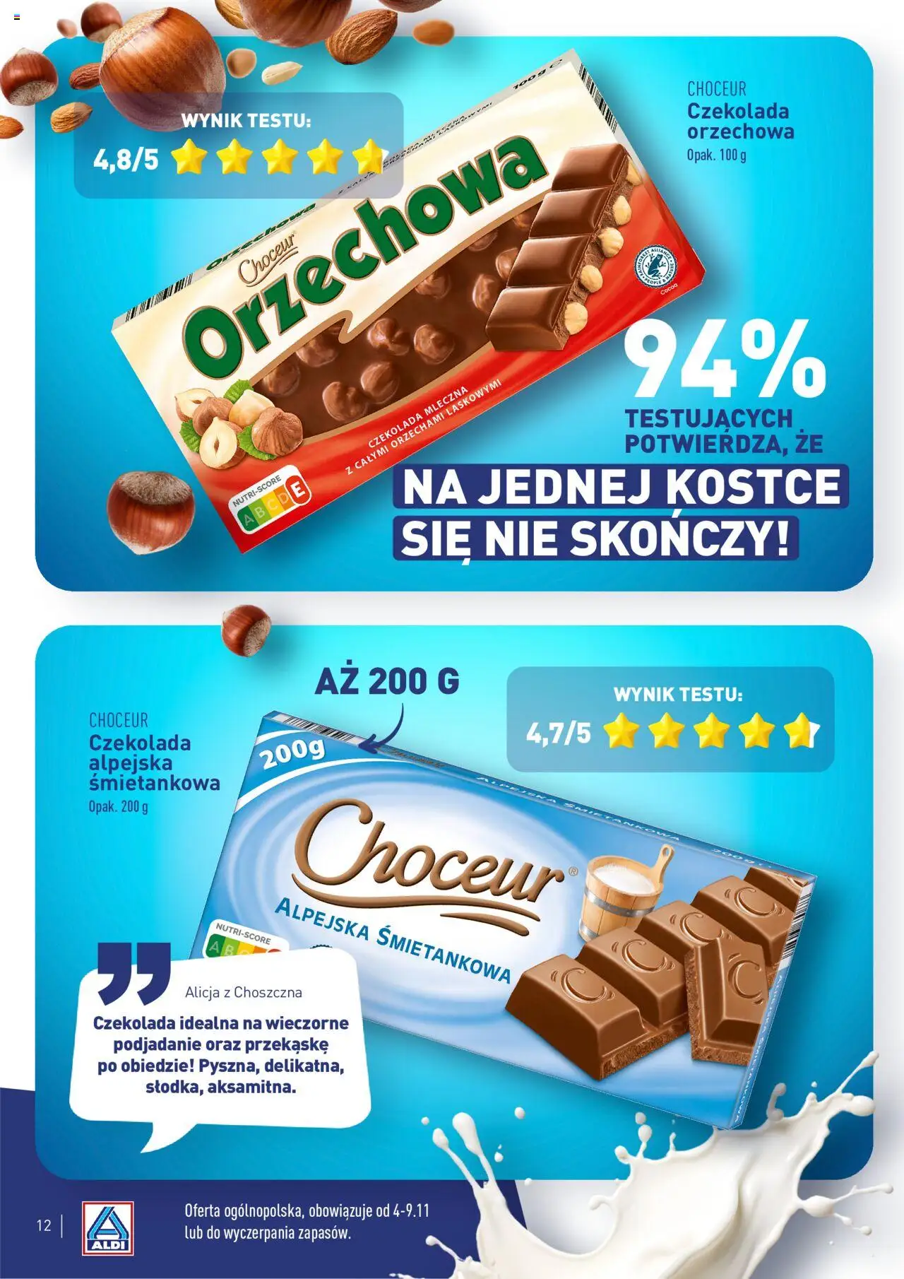 Aldi Gazetka - Wielki test od 04.11.2024 | Strona: 12 | Produkty: Czekolada mleczna, Orzechowa, Czekolada