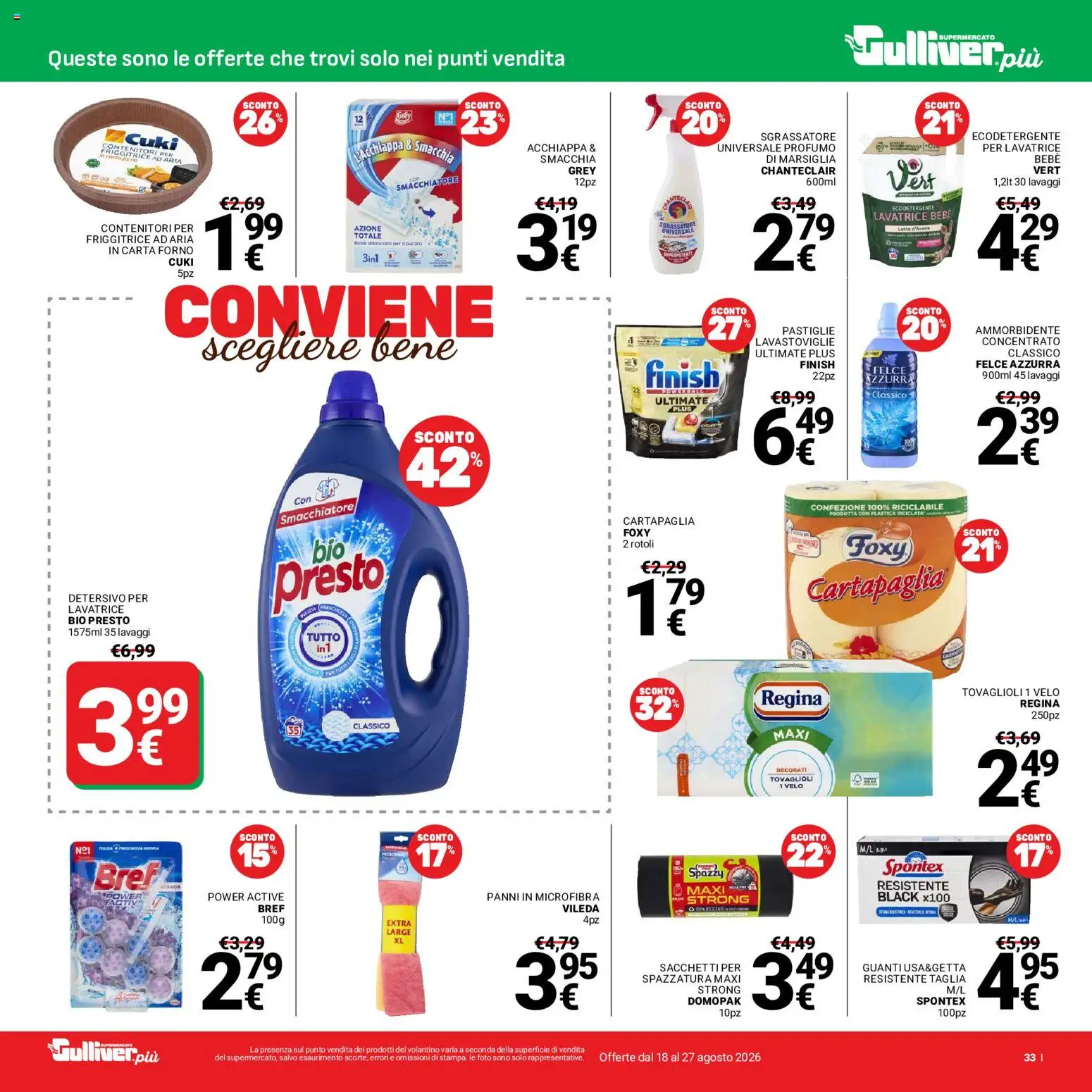 Volantino Gulliver del 18/08/2026 | Pagina: 33 | Prodotti: Sgrassatore, Latte, Carta forno, Profumo
