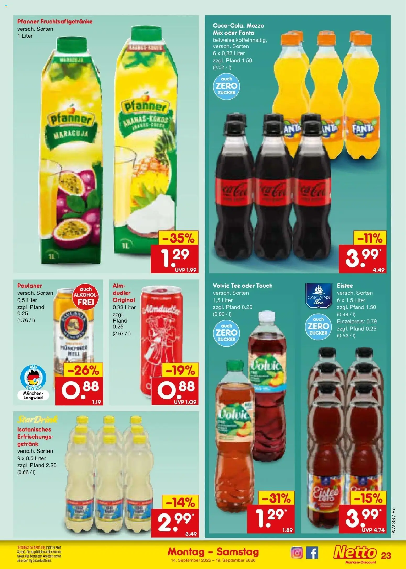Netto Marken-Discount Prospekt Amberg – gültig ab 14.09.2026 | Seite: 33 | Produkte: Fanta, Volvic tee, Alkohol, Tee