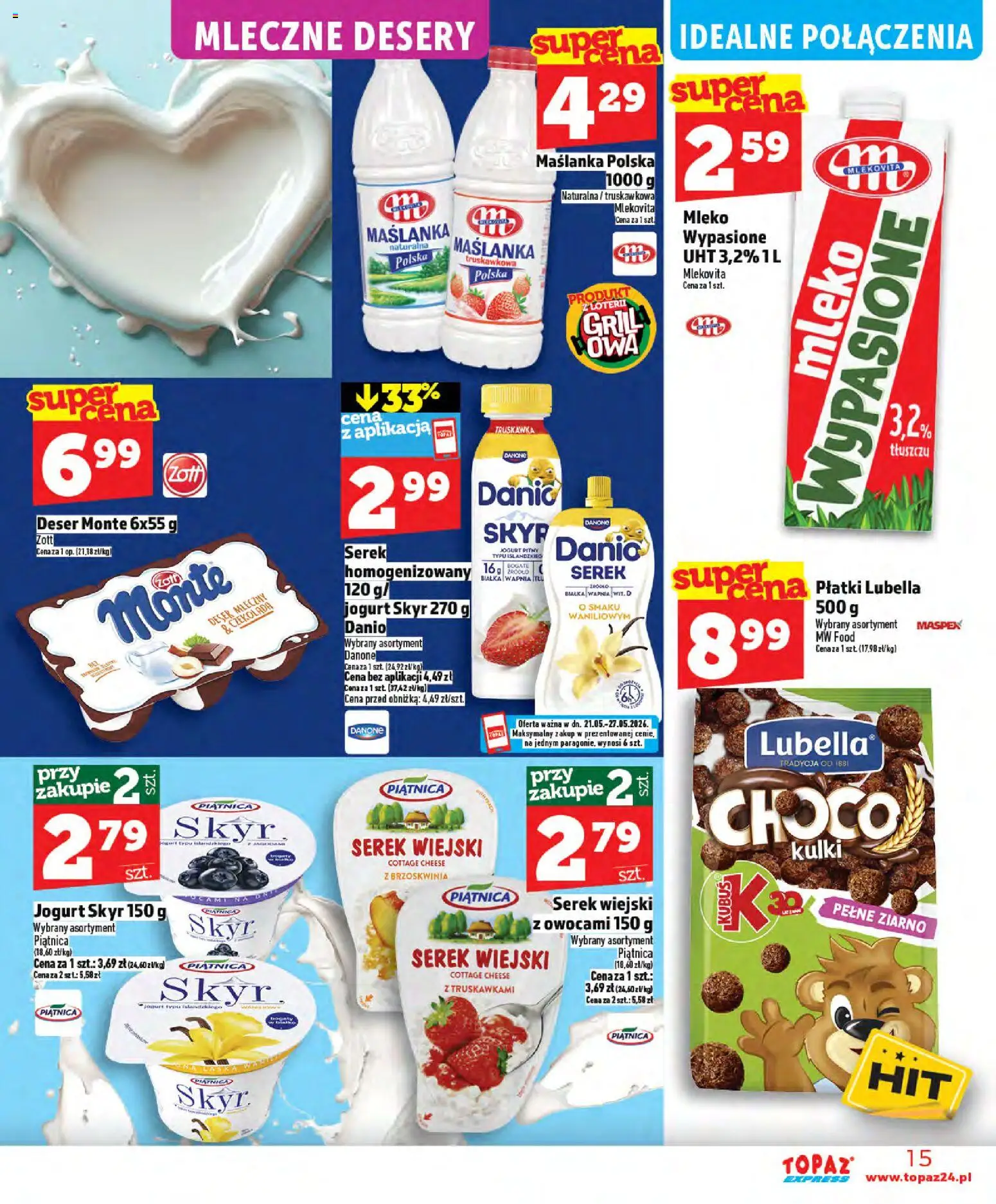 Topaz gazetka - Express od 21.05.2026 | Strona: 15 | Produkty: Maślanka, Mleko, Czekolada, Płatki