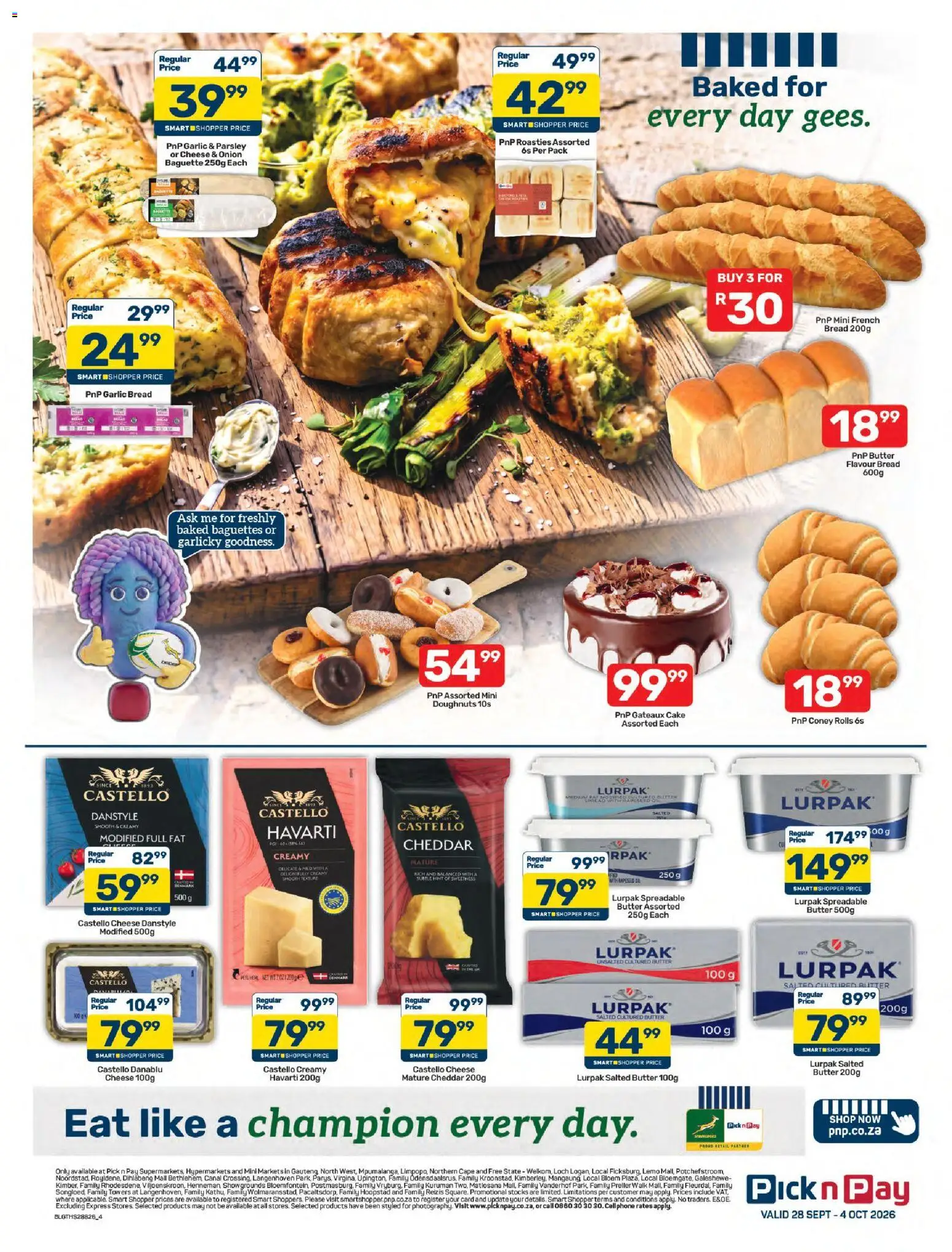New Pick n Pay catalogue – valid from 28/09/2026 | Page: 4 | Products: Cake, Cheese, Baguette, Garlic