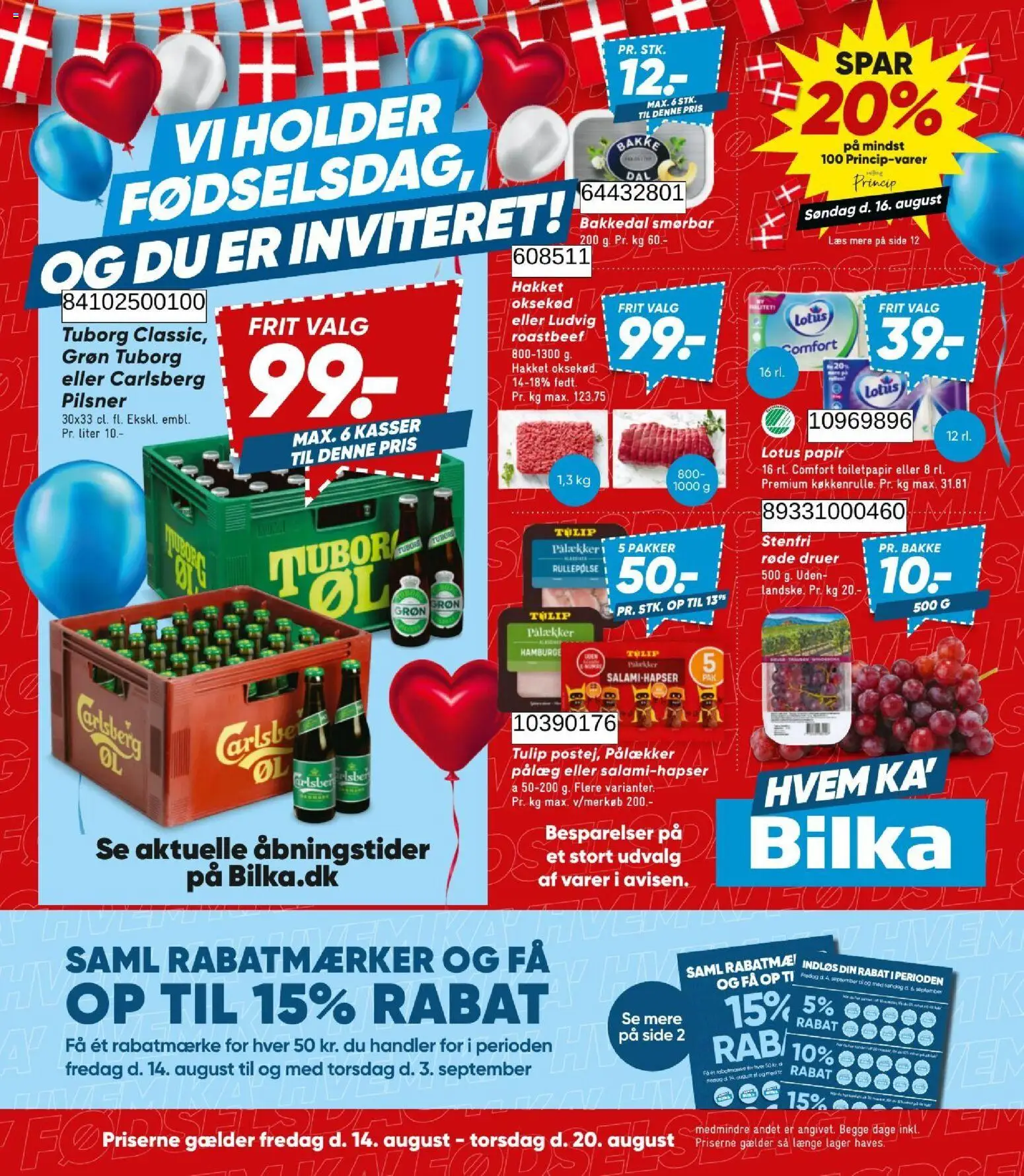 Bilka tilbudsavis – gyldig fra 14/08/2026 | Side: 1 | Produkter: Oksekød, Pålæg, Rullepølse, Druer