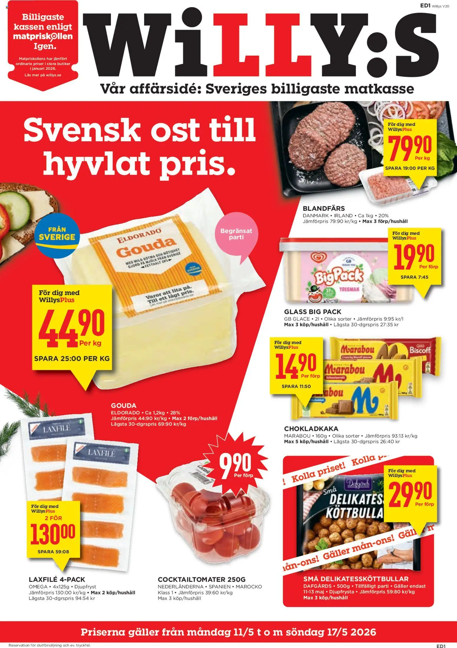 Willys reklamblad aktuell från 11.05.2026 | Sida: 1 | Produkter: Cocktailtomater, Galler, Ost, Glass