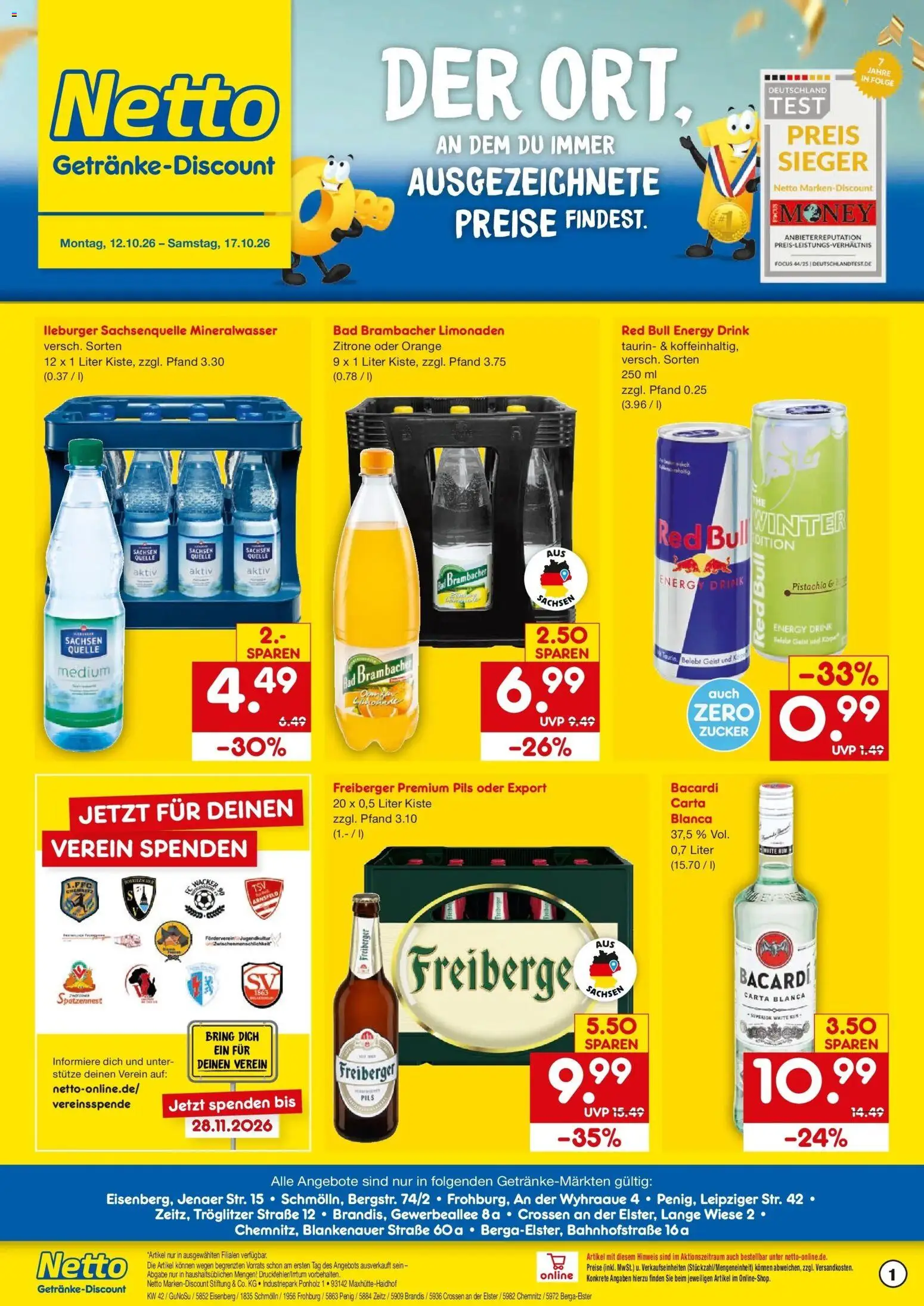 Netto Marken-Discount Prospekt Berga-Elster – gültig ab 12.10.2026 | Seite: 1 | Produkte: Bacardi, Energy, Mineralwasser, Zucker