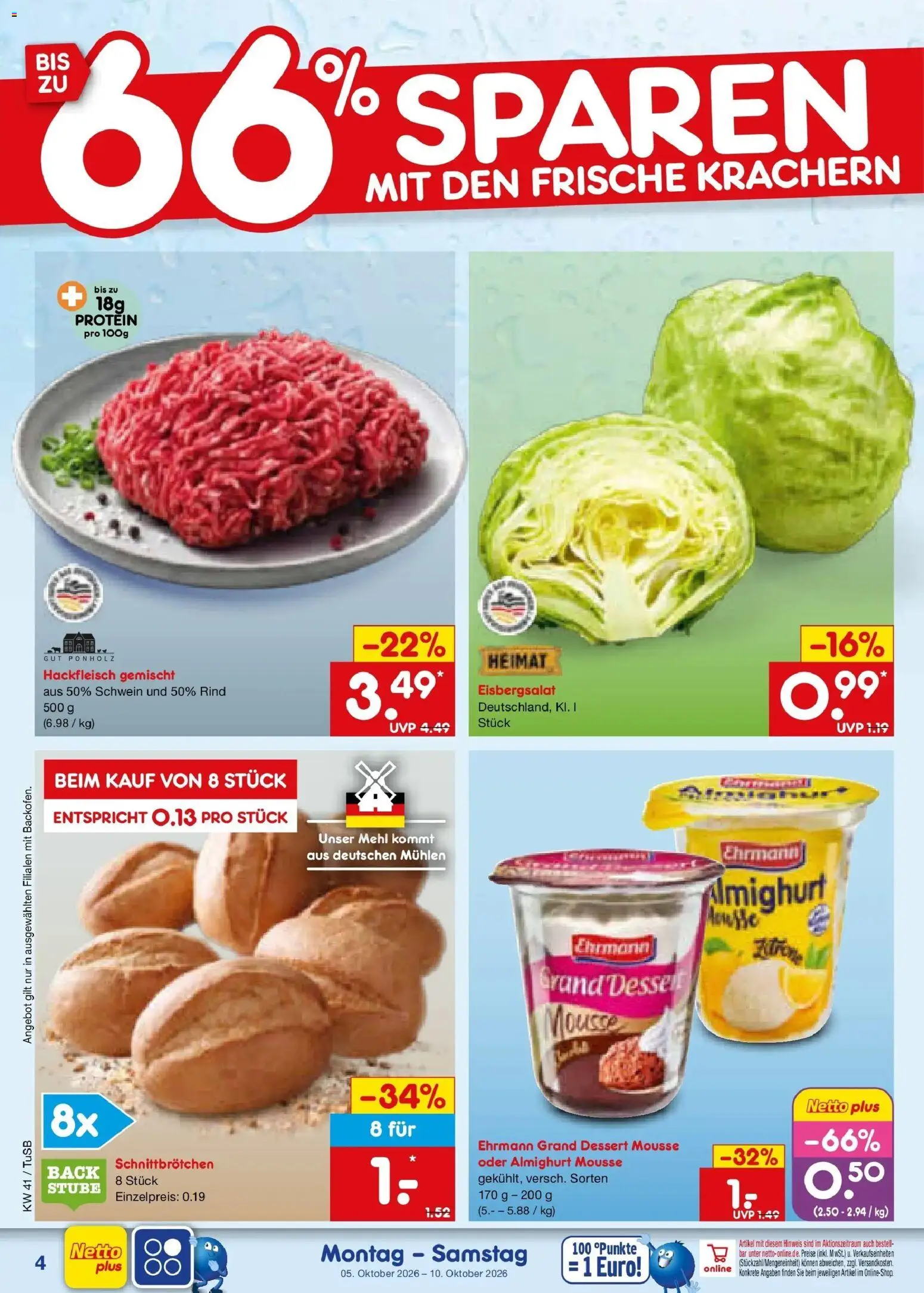 Netto Marken-Discount Prospekt Sindelfingen – gültig ab 05.10.2026 | Seite: 4 | Produkte: Ehrmann almighurt, Ehrmann grand dessert, Eisbergsalat, Hackfleisch