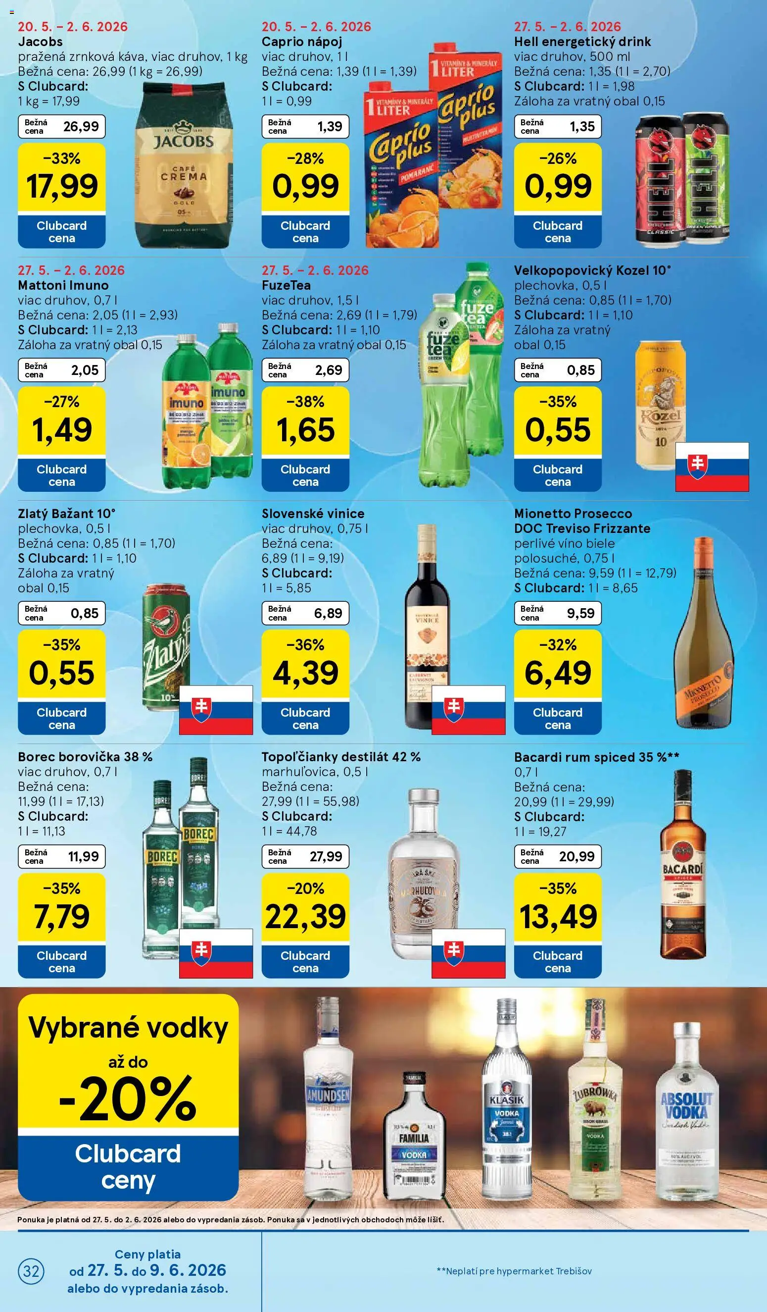 Nové Tesco akcie – leták je platný od 27.05.2026 | Strana: 32 | Produkty: Víno, Zlatý Bažant, Energetický drink, Perlivé víno