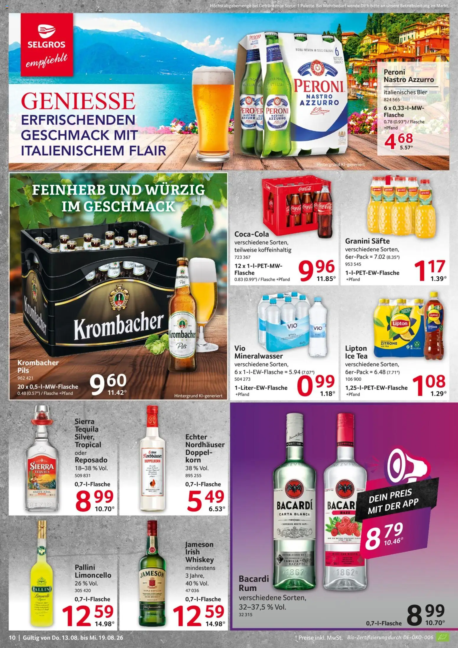 Selgros Prospekt – gültig ab 13.08.2026 | Seite: 10 | Produkte: Bier, Mineralwasser, Tequila, Krombacher