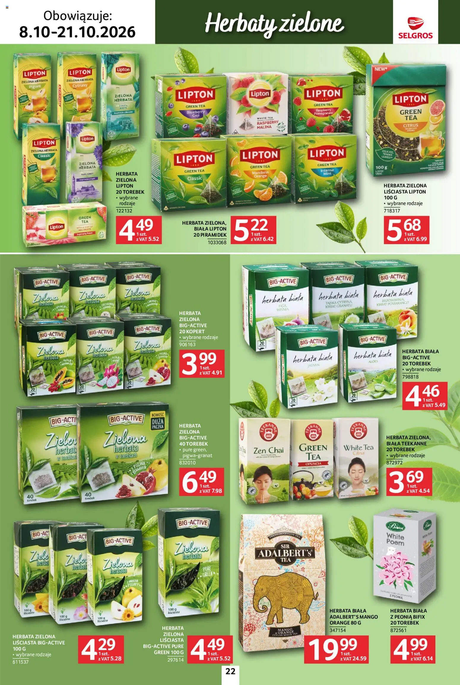 Selgros cash&carry gazetka - Kawa i herbata od 08.10.2026 | Strona: 22 | Produkty: Zielona herbata, Pigwa, Aloes, Herbata lipton