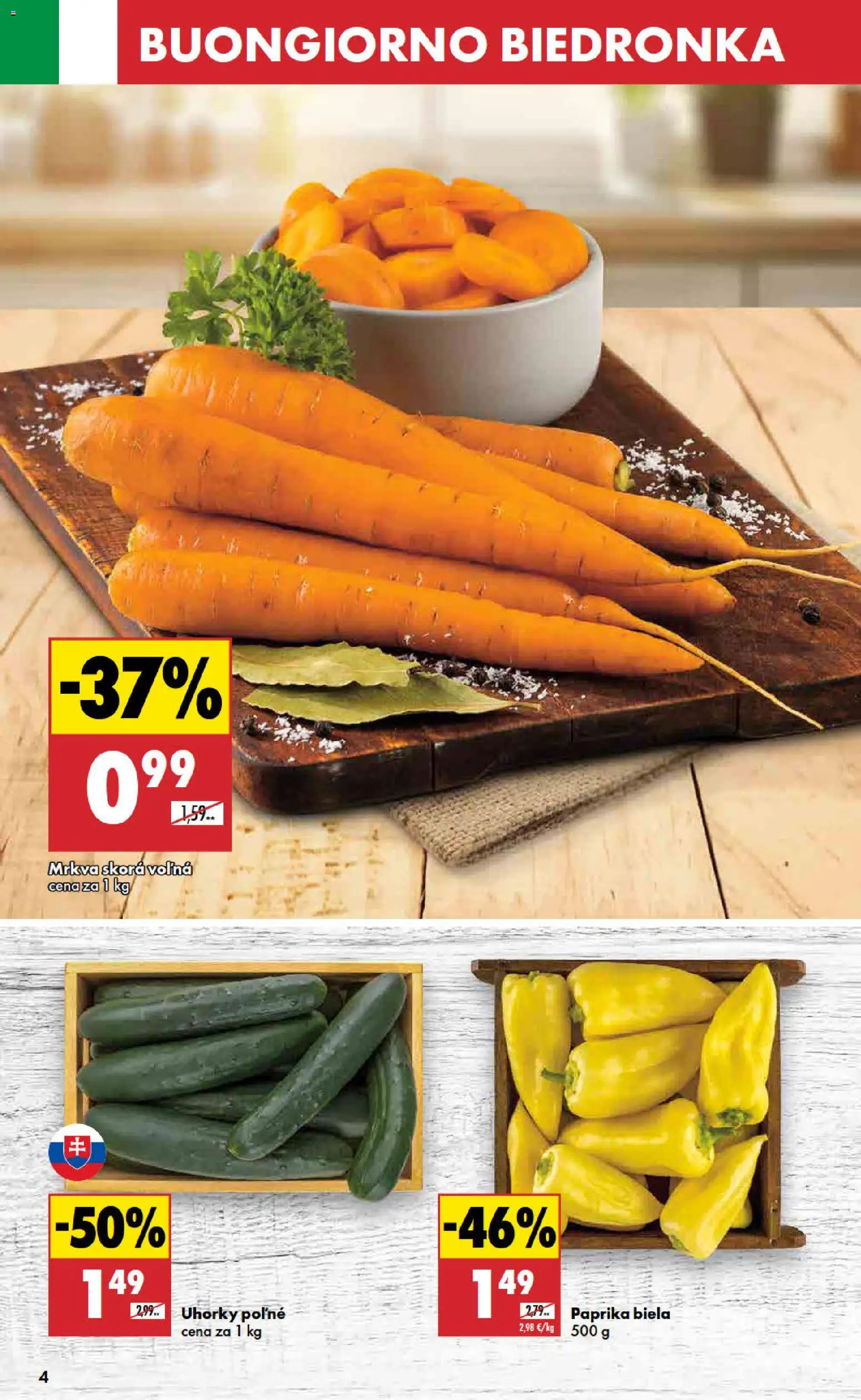 Nové Biedronka akcie – leták je platný od 15.06.2026 | Strana: 4 | Produkty: Paprika, Mrkva, Uhorky