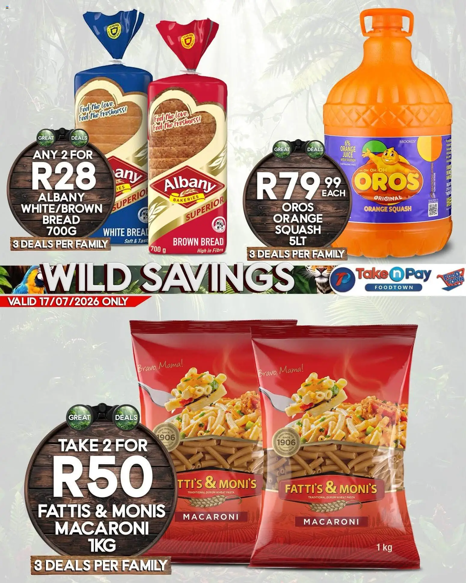 New Take n Pay catalogue – valid from 17/07/2026 | Page: 4 | Products: Squash, Bread, Juice, Pasta