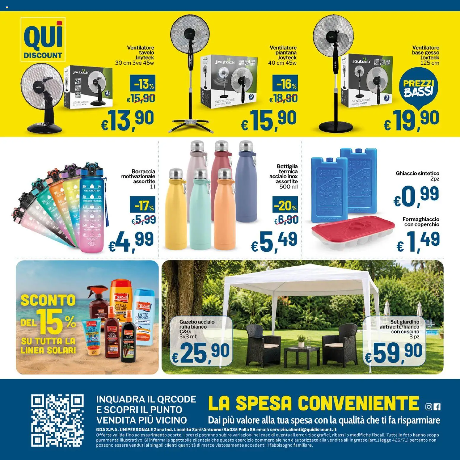 Volantino Qui Discount del 02.06.2026 | Pagina: 12 | Prodotti: Ventilatore, Bottiglia, Formaghiaccio, Tavolo