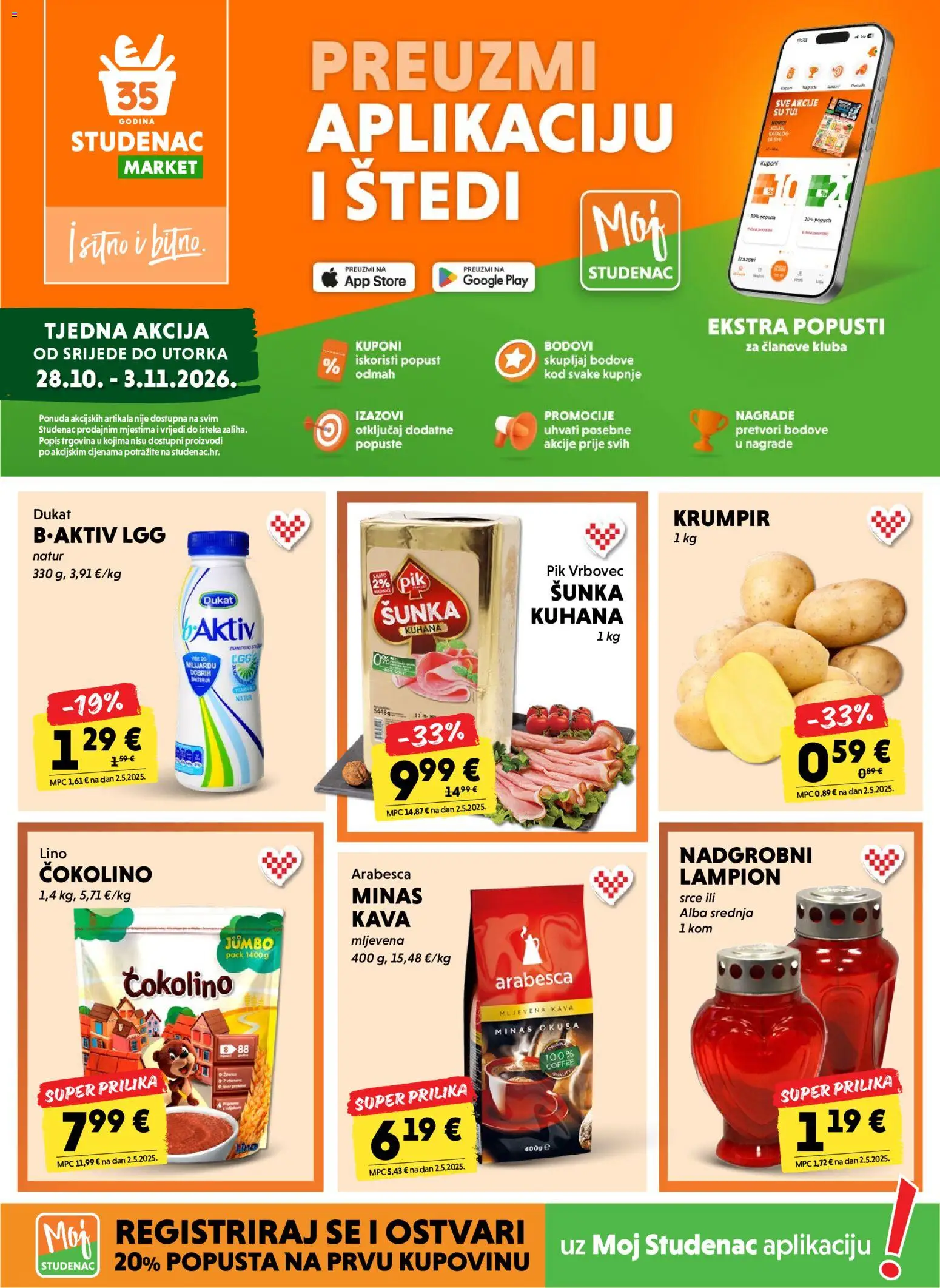 Studenac katalog | vrijedi od 28.10.2026 | Stranica: 1 | Proizvodi: Mljevena kava, Kava, Šunka, Arabesca
