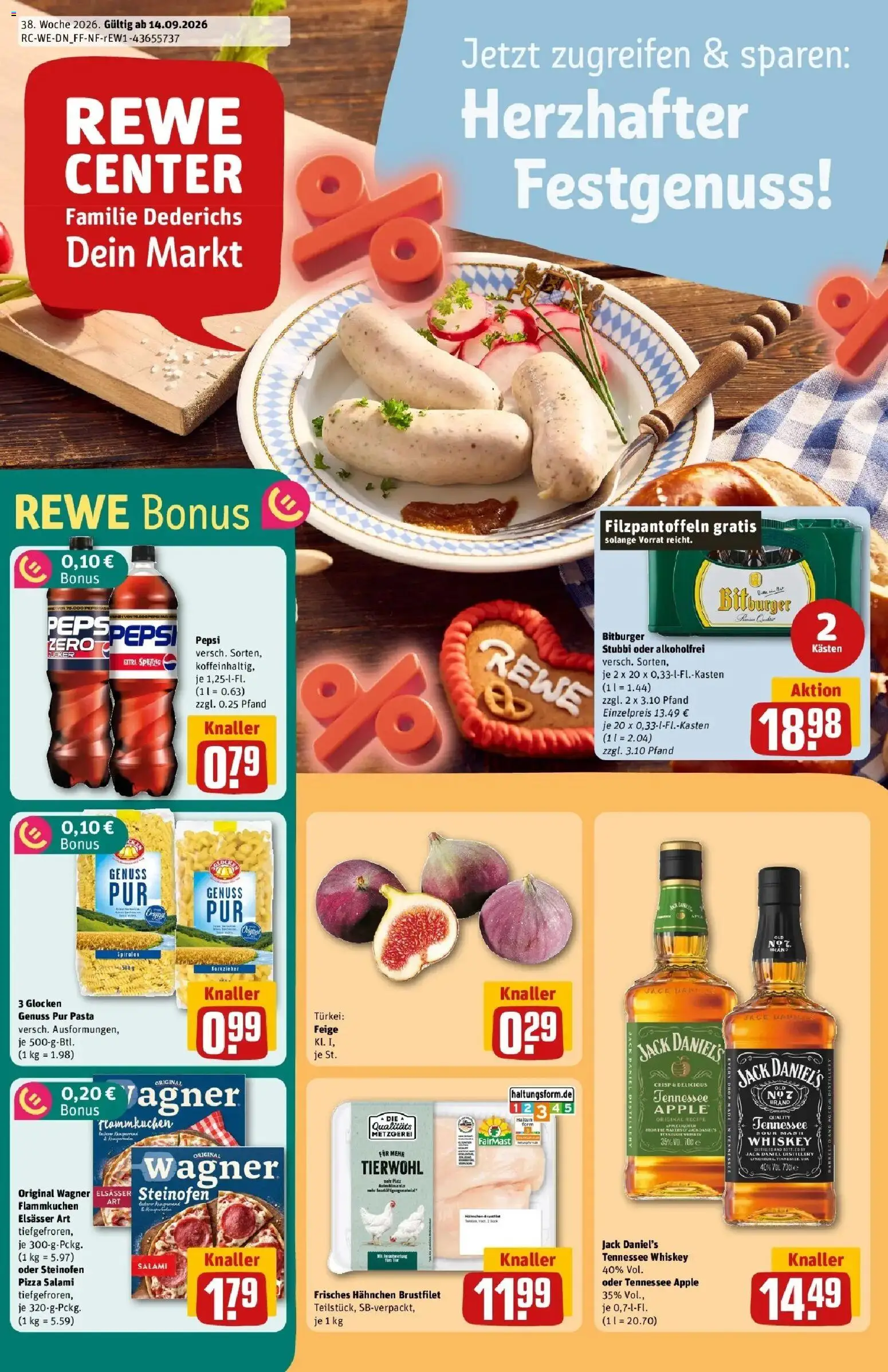 REWE Prospekt ab 14.09.2026 zum Blättern » Angebote | Seite: 1 | Produkte: Bitburger, Apple, Zucker, Salami