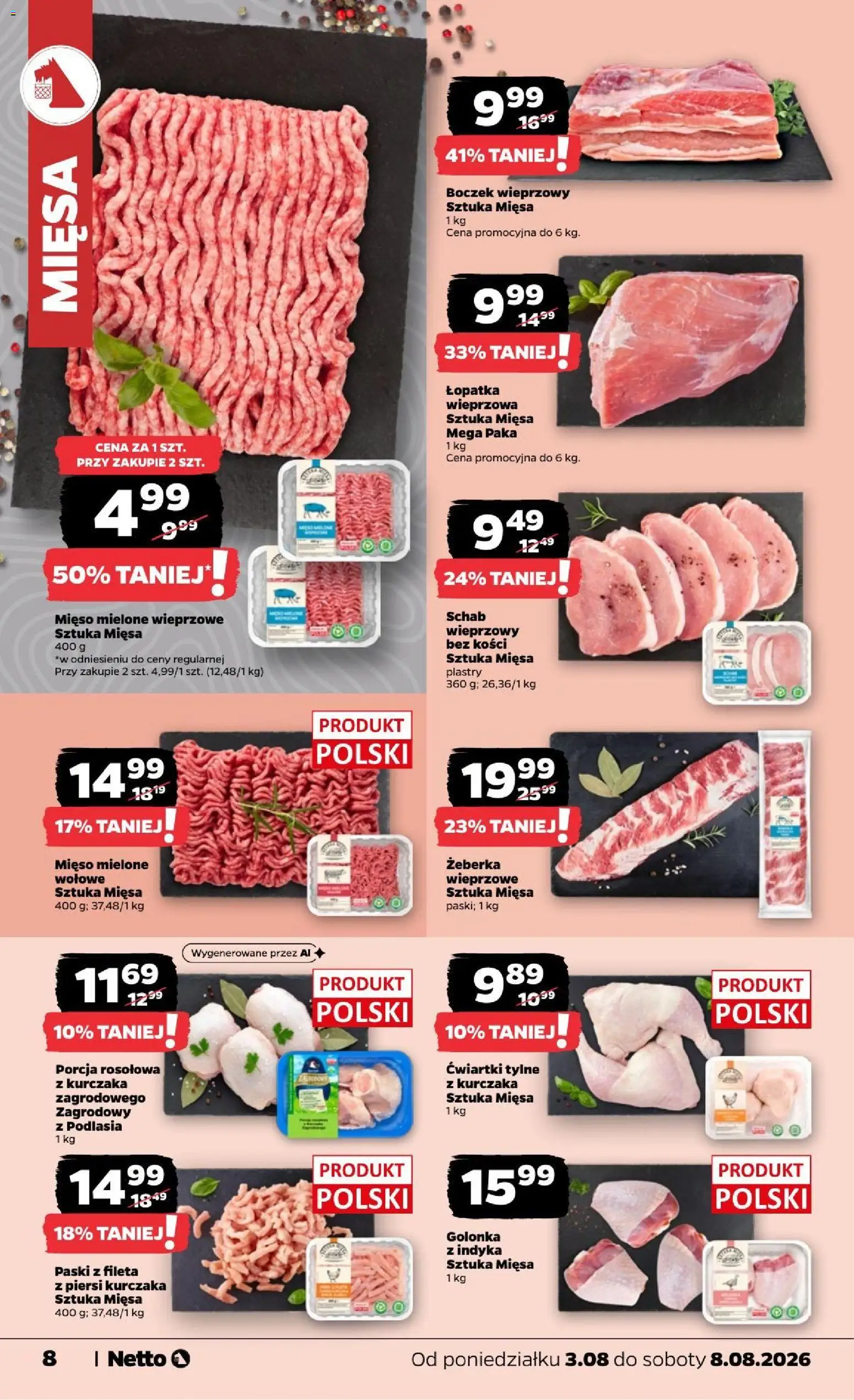 Netto gazetka od poniedziałku od 03.08.2026 | Strona: 8 | Produkty: Żeberka, Schab, Schab wieprzowy bez kości, Boczek