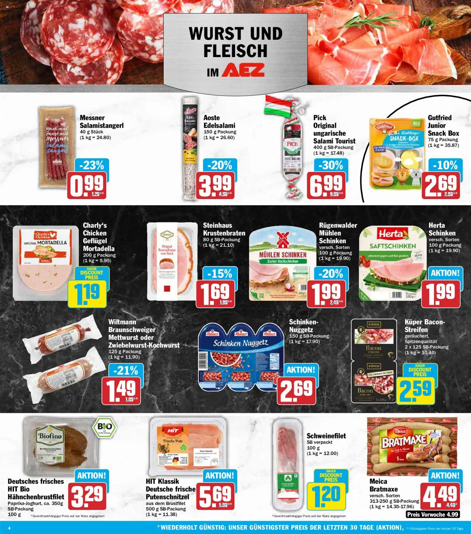 AEZ Prospekt – gültig ab 31.08.2026 | Seite: 4 | Produkte: Schweinefilet, Putenschnitzel, Schinken, Fleisch