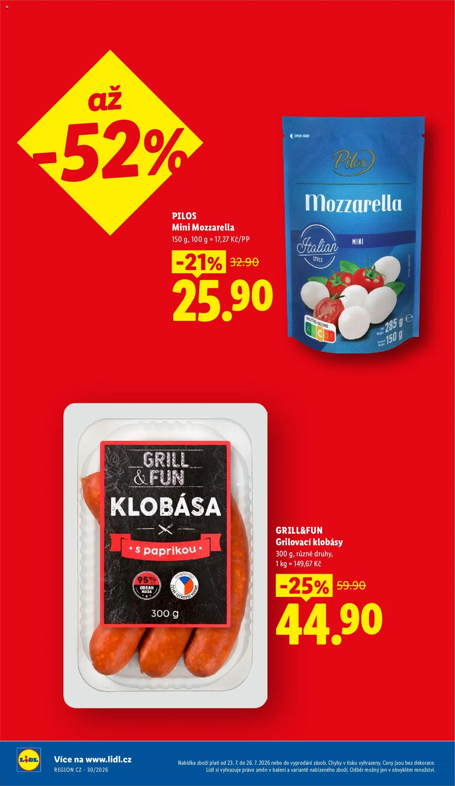Lidl leták od 23.07.2026 | Strana: 8 | Produkty: Klobása, Klobásy, Mozzarella
