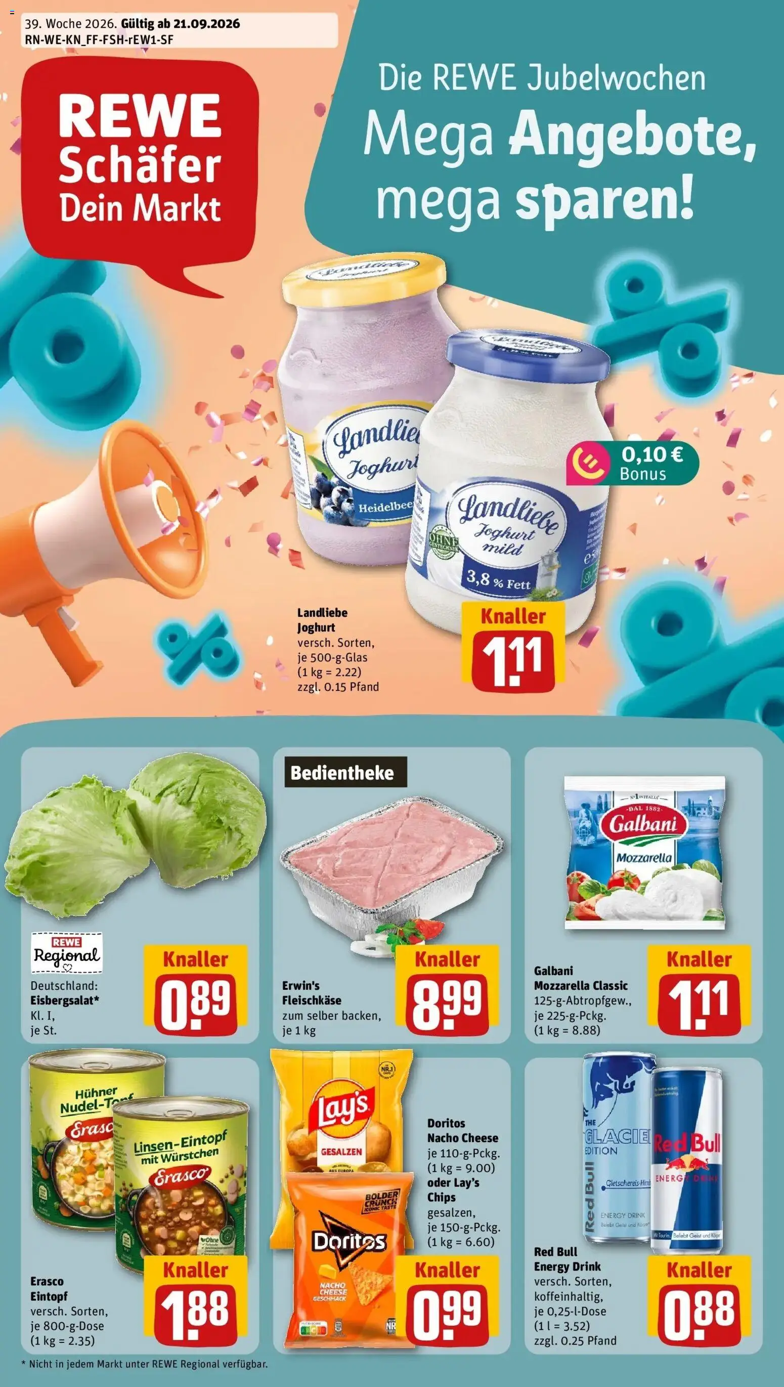 REWE Prospekt ab 21.09.2026 zum Blättern » Angebote | Seite: 1 | Produkte: Mozzarella, Landliebe joghurt, Erasco, Chips